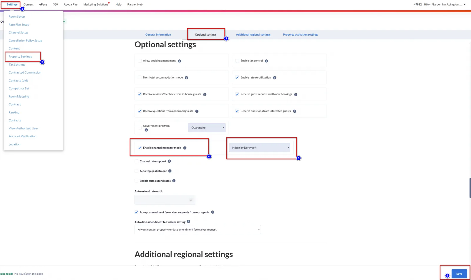 Agoda YCS: Settings → Property Settings → Optional settings, with Enable channel manager mode ticked and the provider chosen.