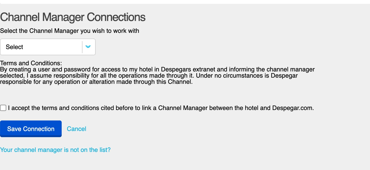 Choosing the channel manager in Despegar and accepting its terms.