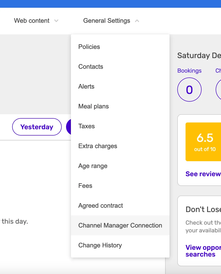 Despegar extranet: General Settings → Channel Manager Connection.