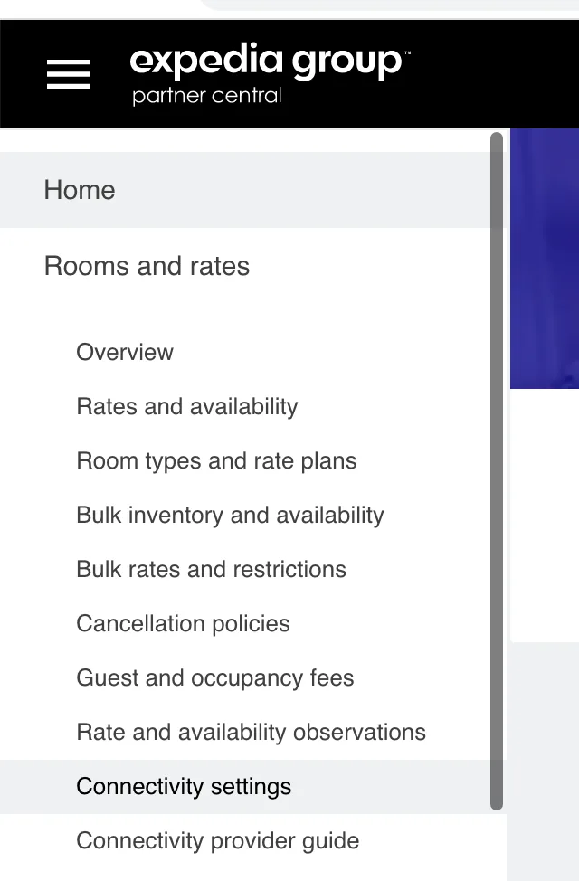 Expedia Partner Central: Rooms and rates → Connectivity settings.