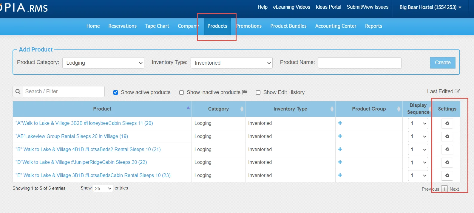 Inntopia Products tab, with the settings button on each product.