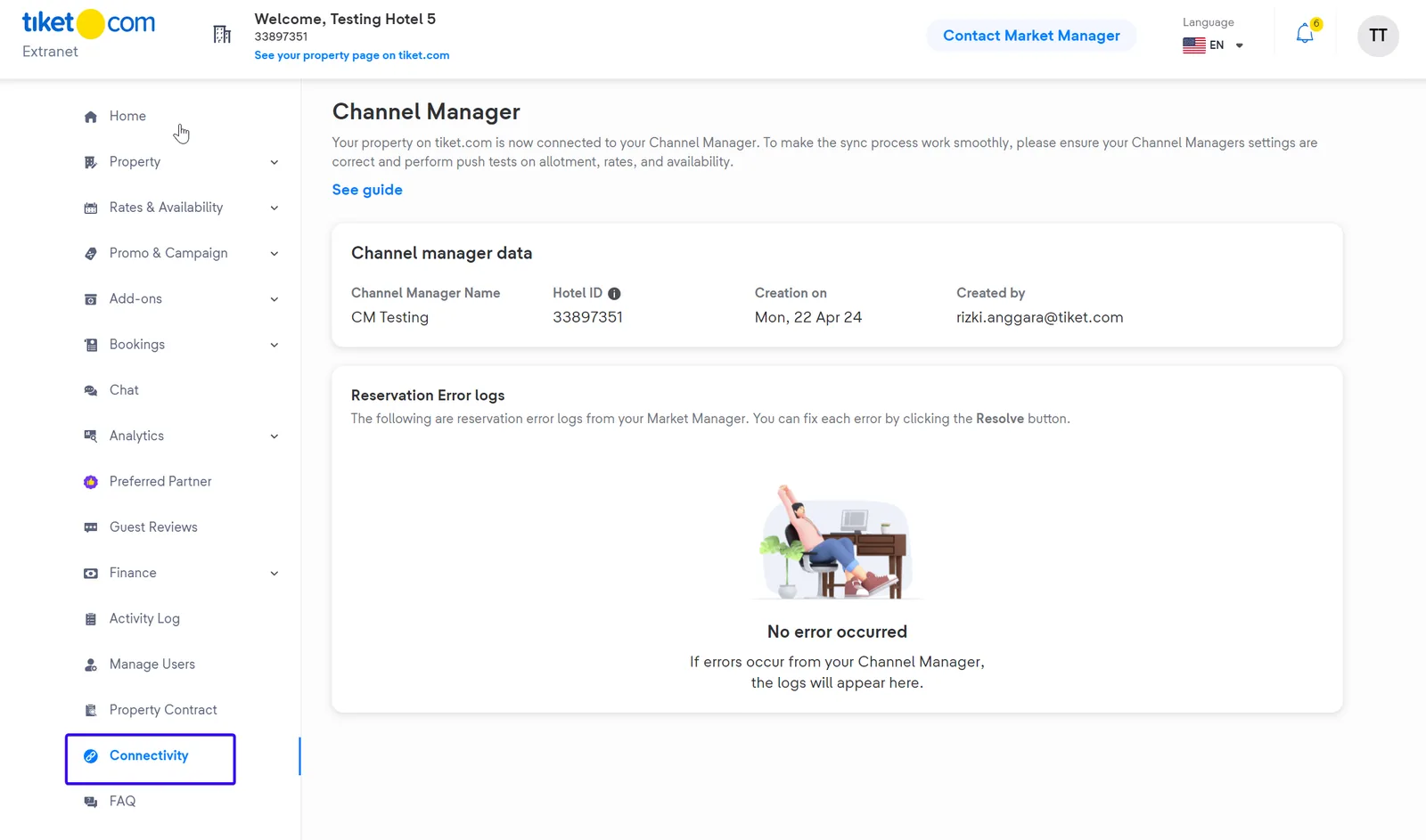Tiket.com extranet: Connectivity shows the connected channel manager and your Hotel ID.