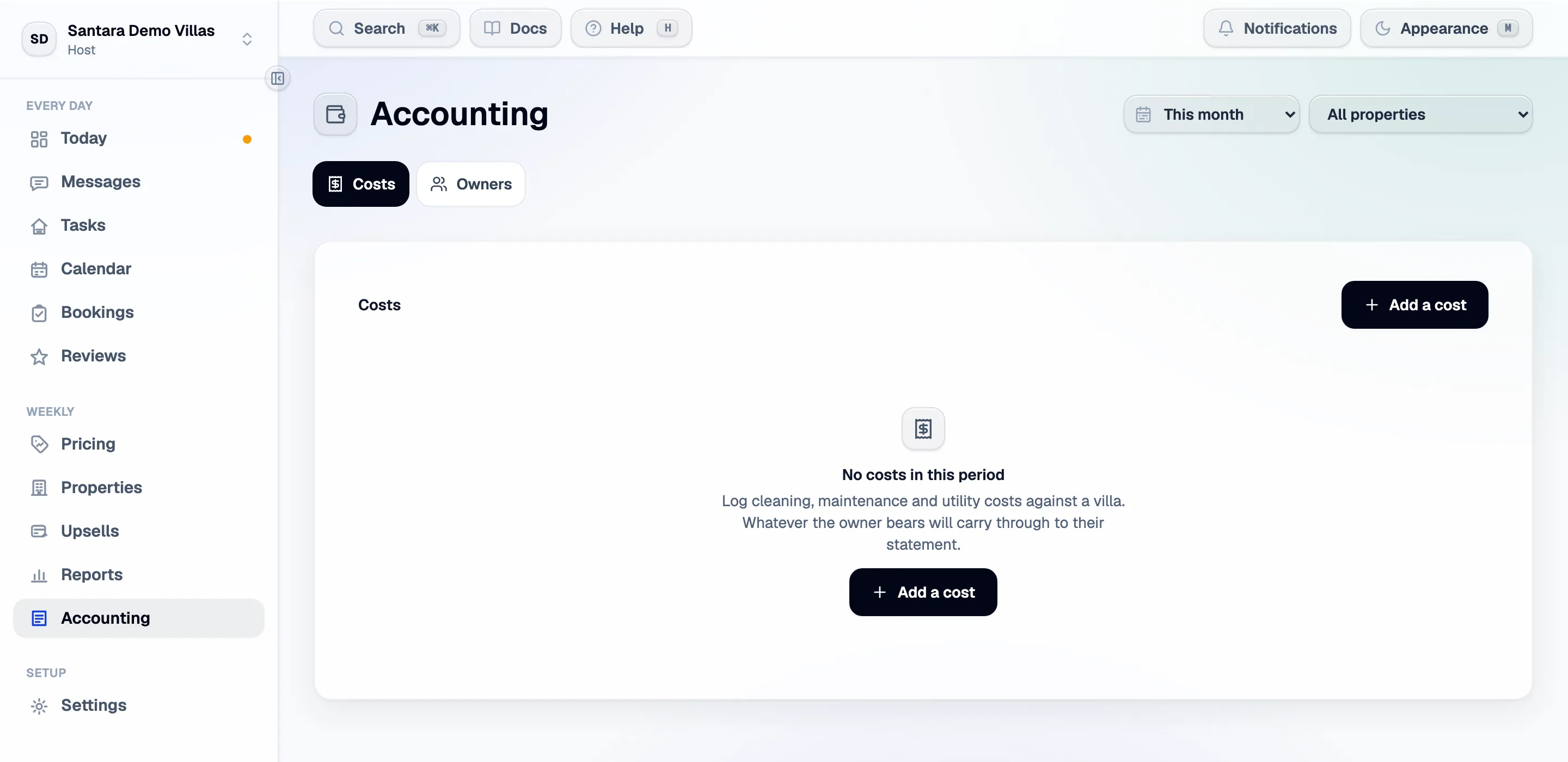 Accounting, before anything is logged. Costs and Owners are its two halves; the period and property filters sit above both.