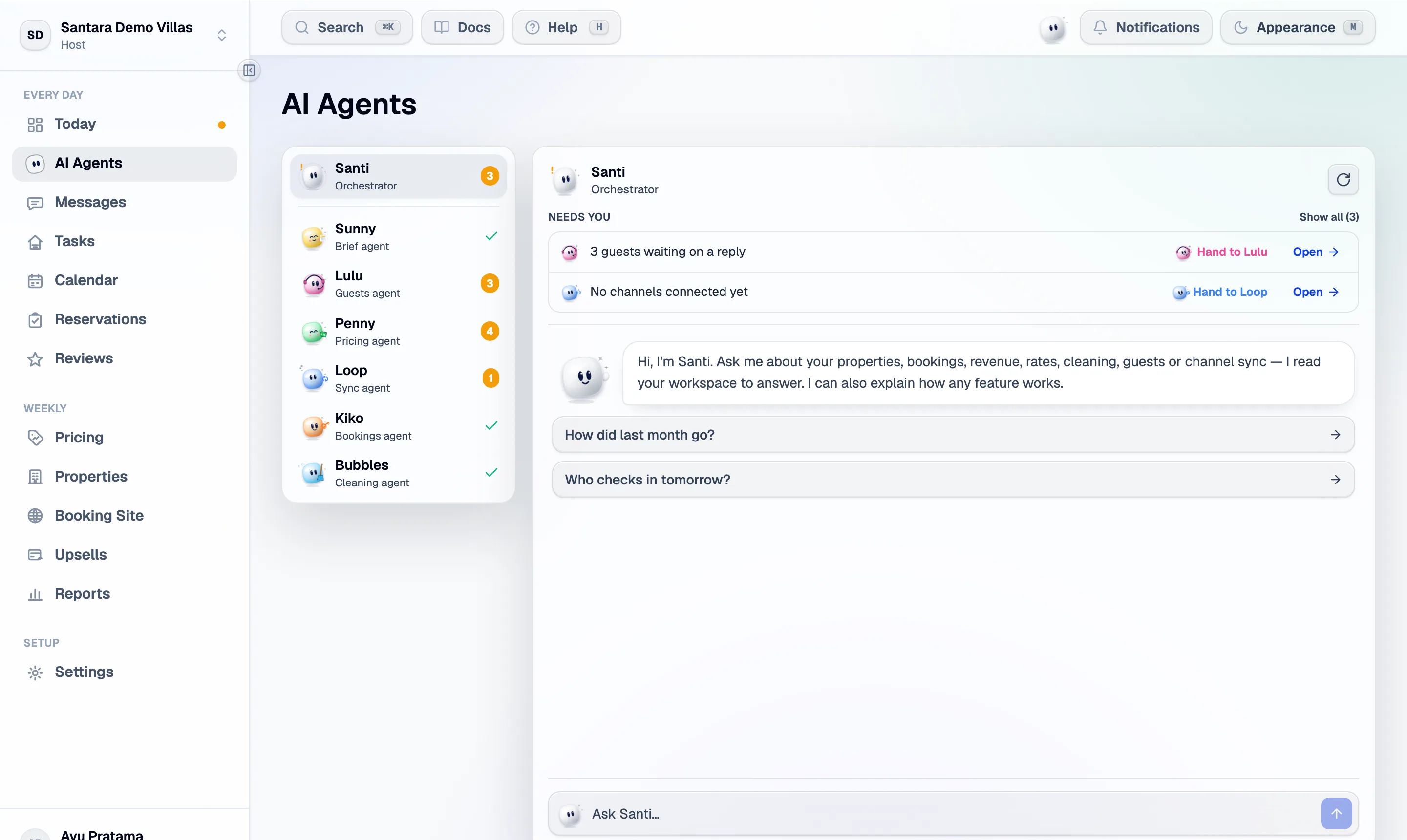 The AI Agents page: the crew with what each has to do, and Needs you above the chat.