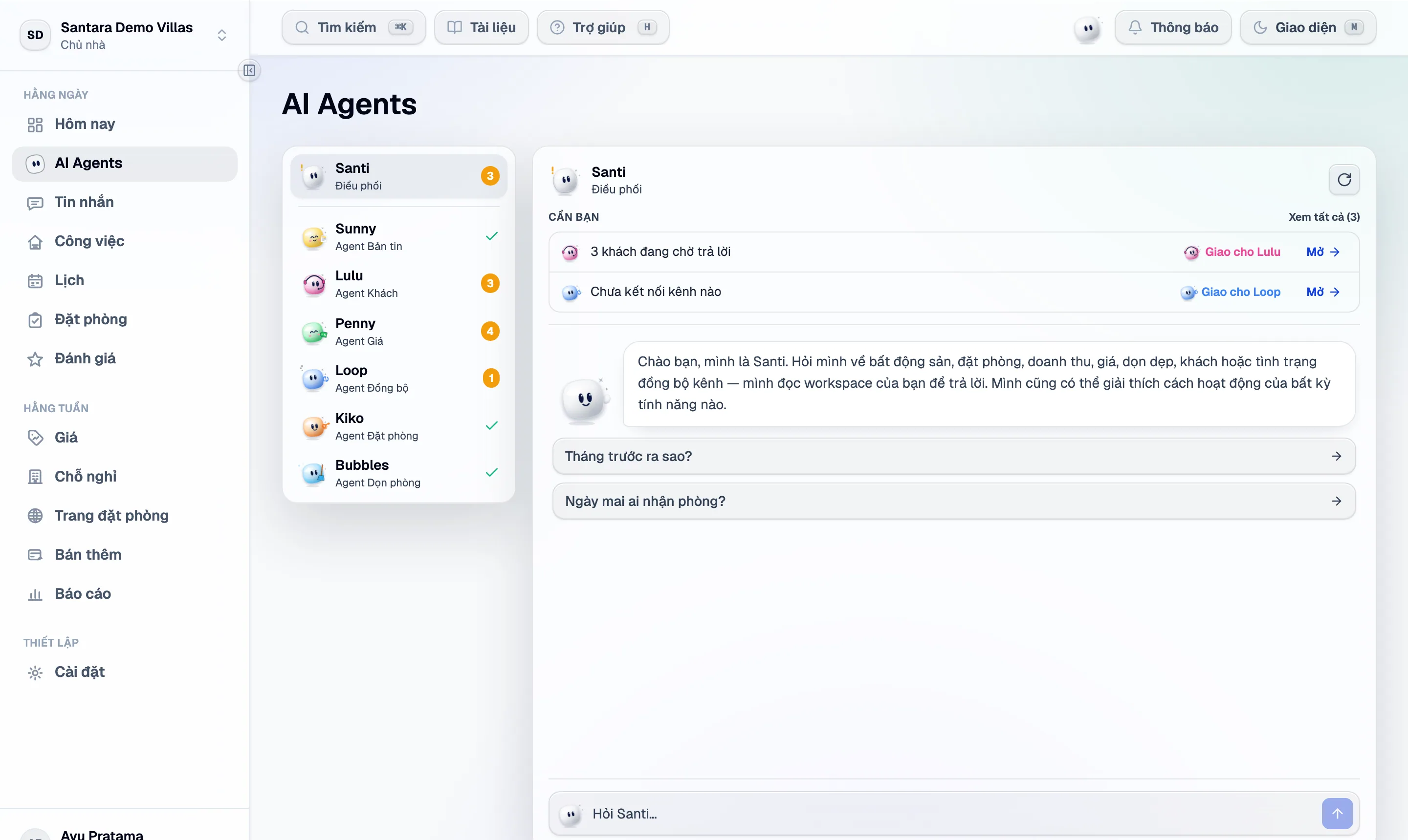 Trang AI Agents: cả đội cùng số việc của từng agent, và mục Cần bạn phía trên khung chat.