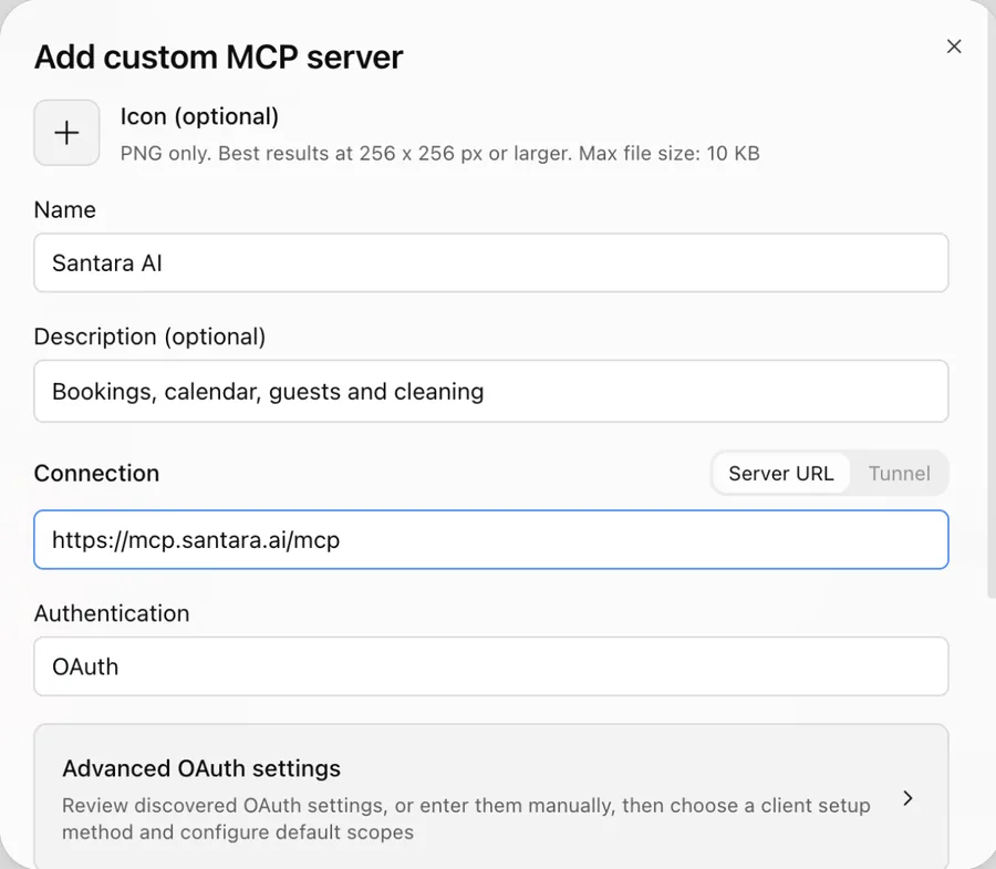 ChatGPT's “Add custom MCP server” form with Santara AI's name and server URL.