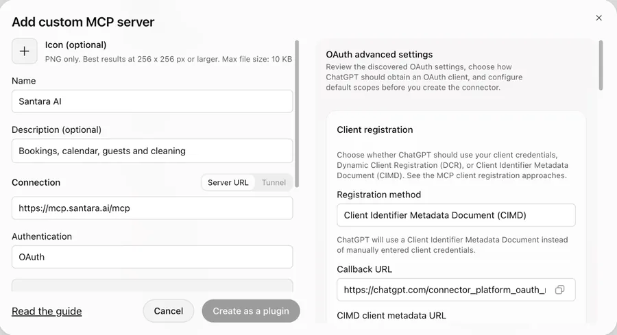 ChatGPT's advanced OAuth settings showing the CIMD registration method it chose on its own.