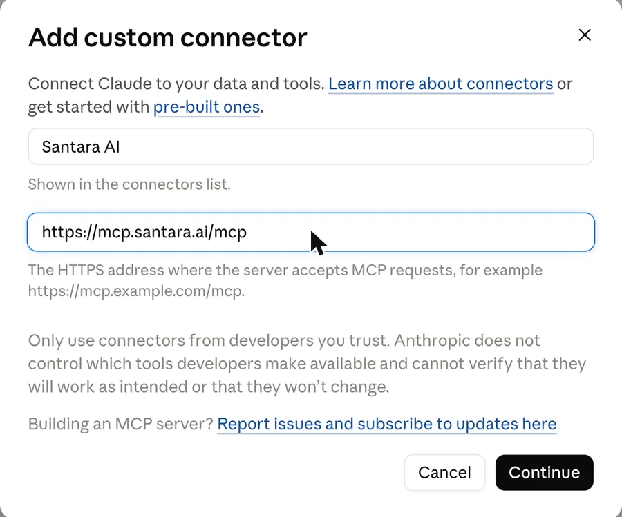 Claude's “Add custom connector” form with the name Santara AI and the server URL filled in.