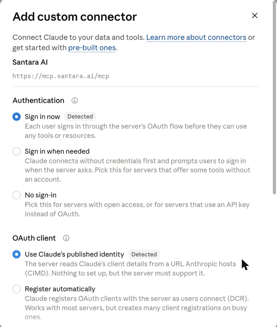 Claude marks “Sign in now” and “Use Claude's published identity” as Detected.