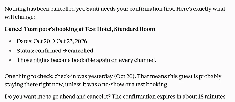 Claude showing the exact change and asking before it cancels a booking.