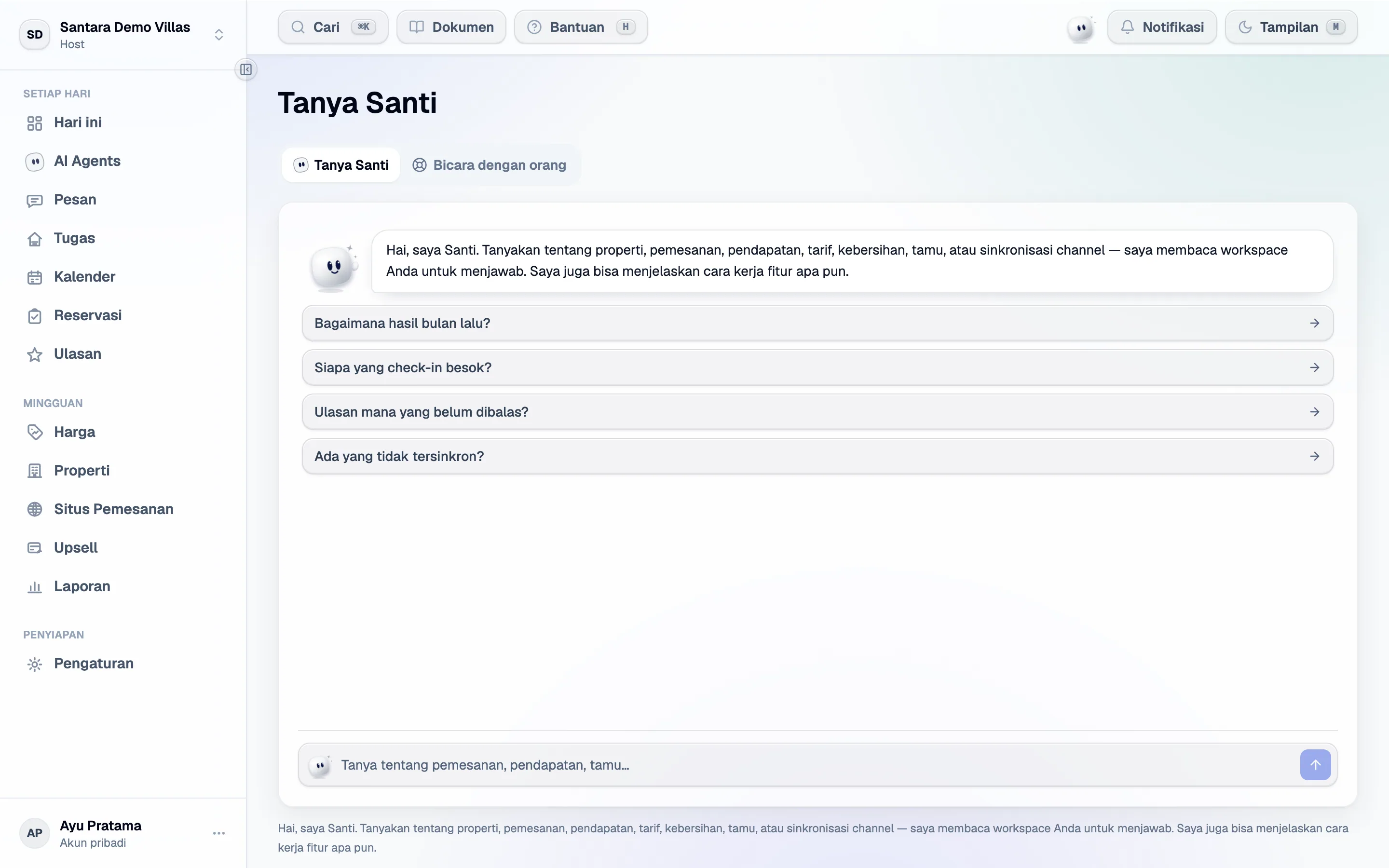 Tanya Santi di halaman penuh: perkenalan dan empat pertanyaan untuk memulai.