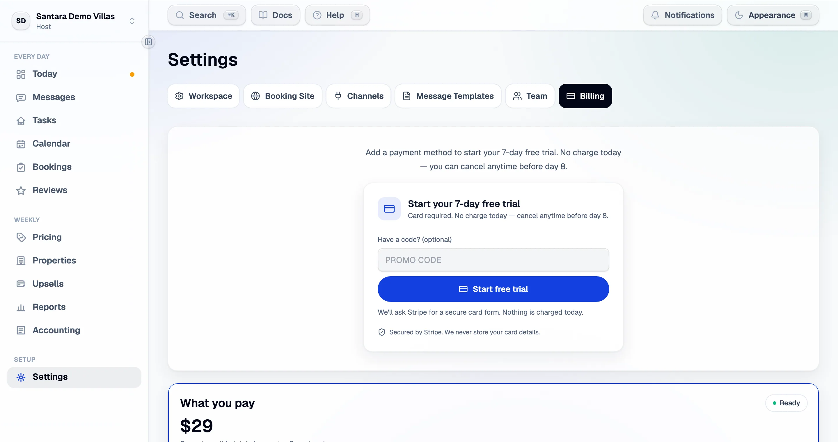 Billing: the plan, what is billed per property, and the card on file.