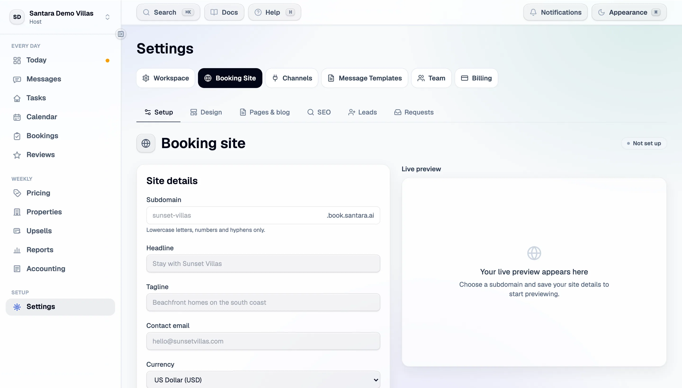 The booking site builder: setup on the left, live preview on the right.