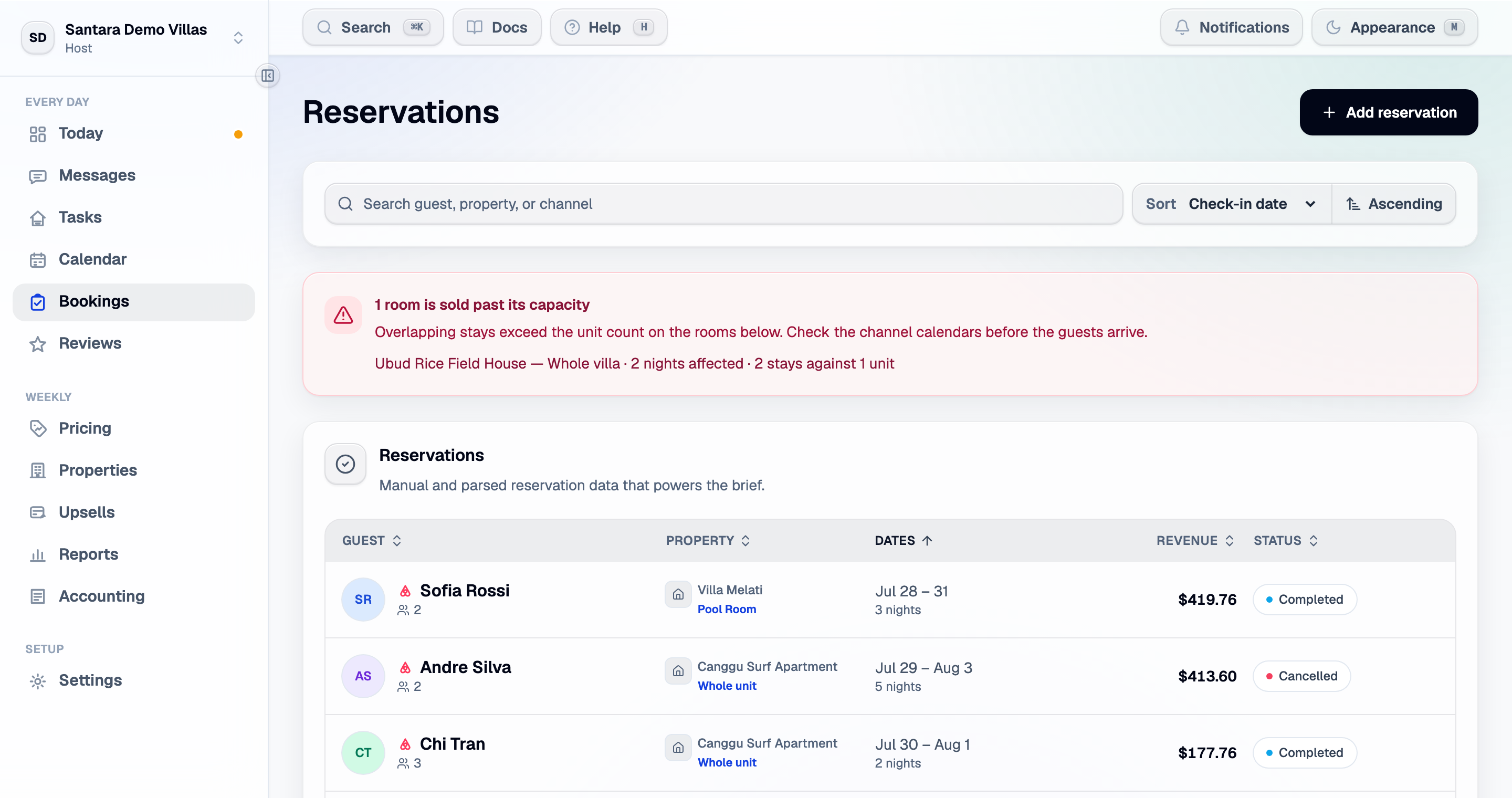 The reservation feed — every stay from every channel, newest first.