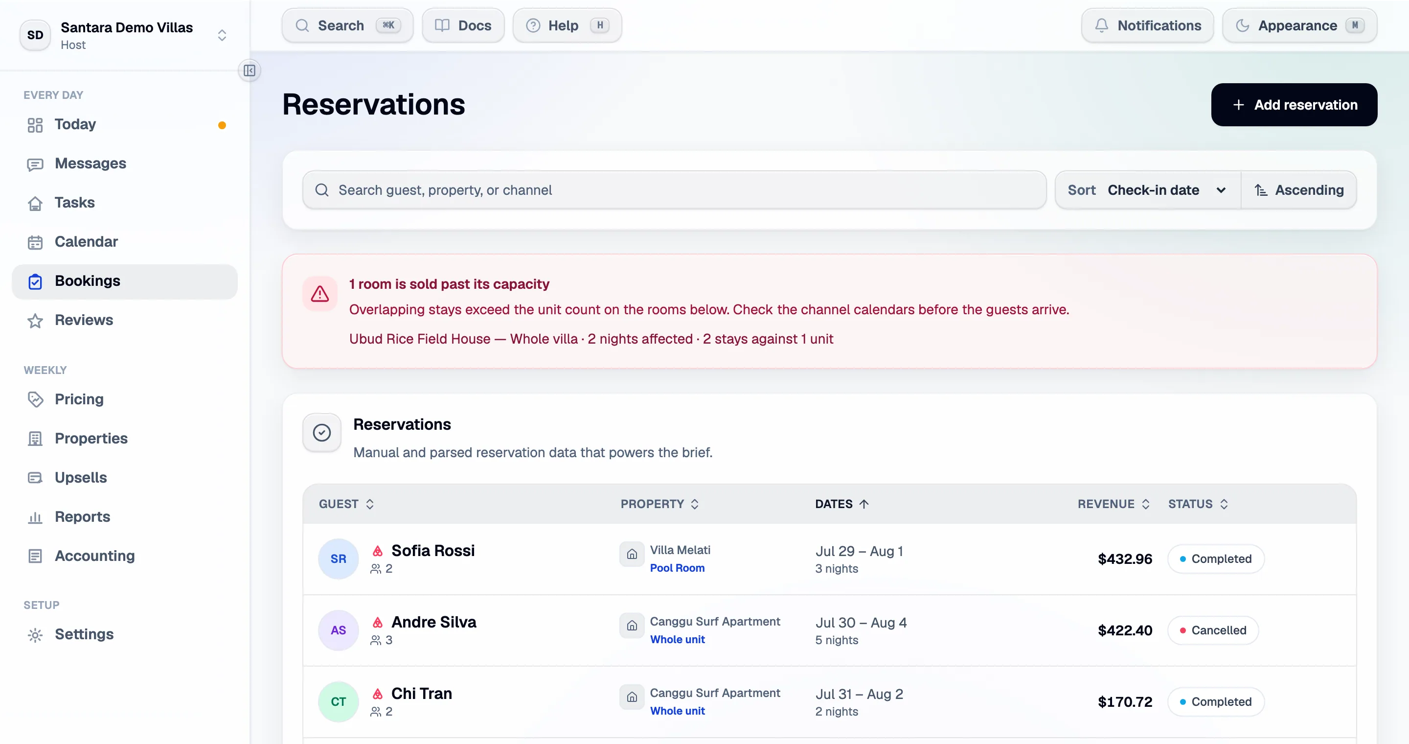 The reservation feed — every stay from every channel, newest first.