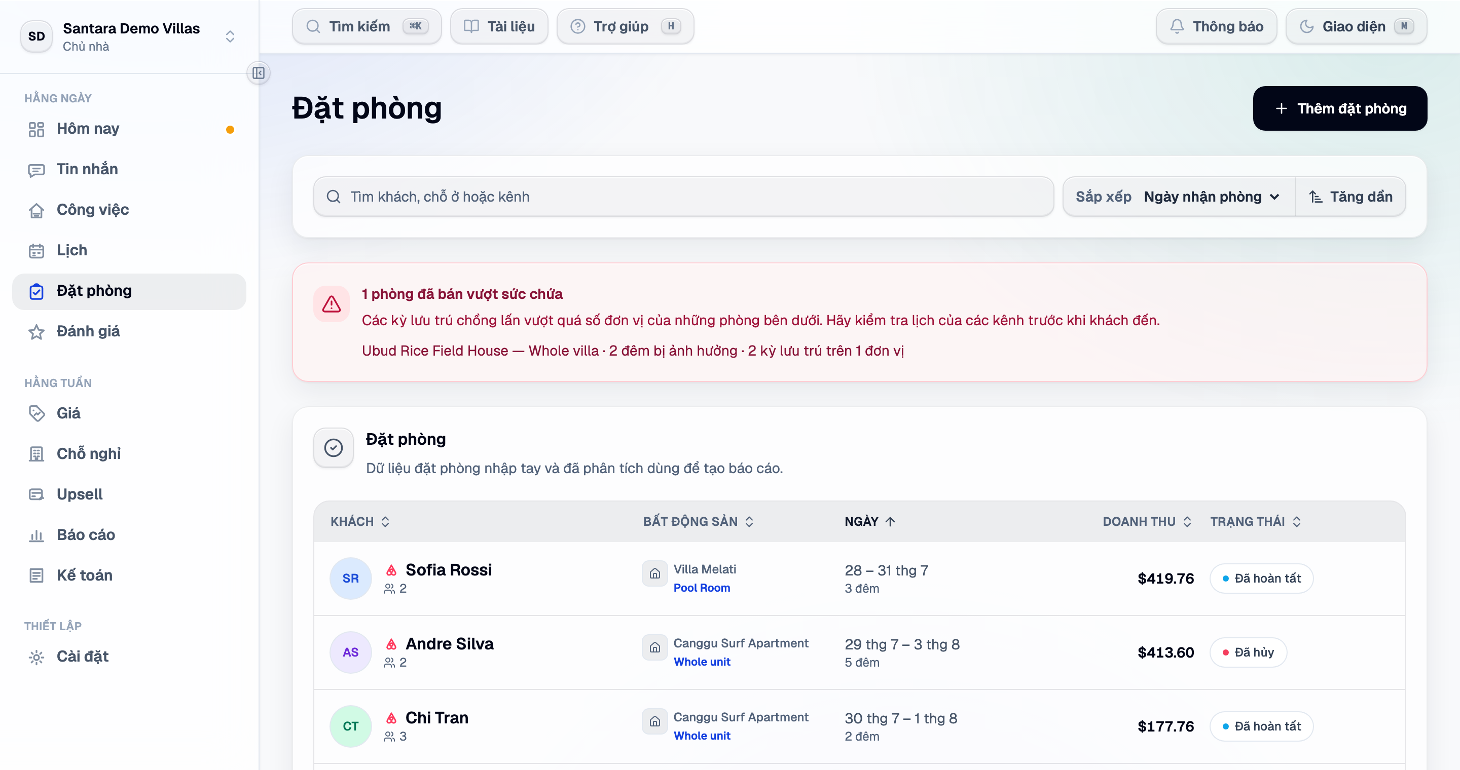 Dòng đặt phòng — mọi lượt lưu trú từ mọi kênh, mới nhất trước.