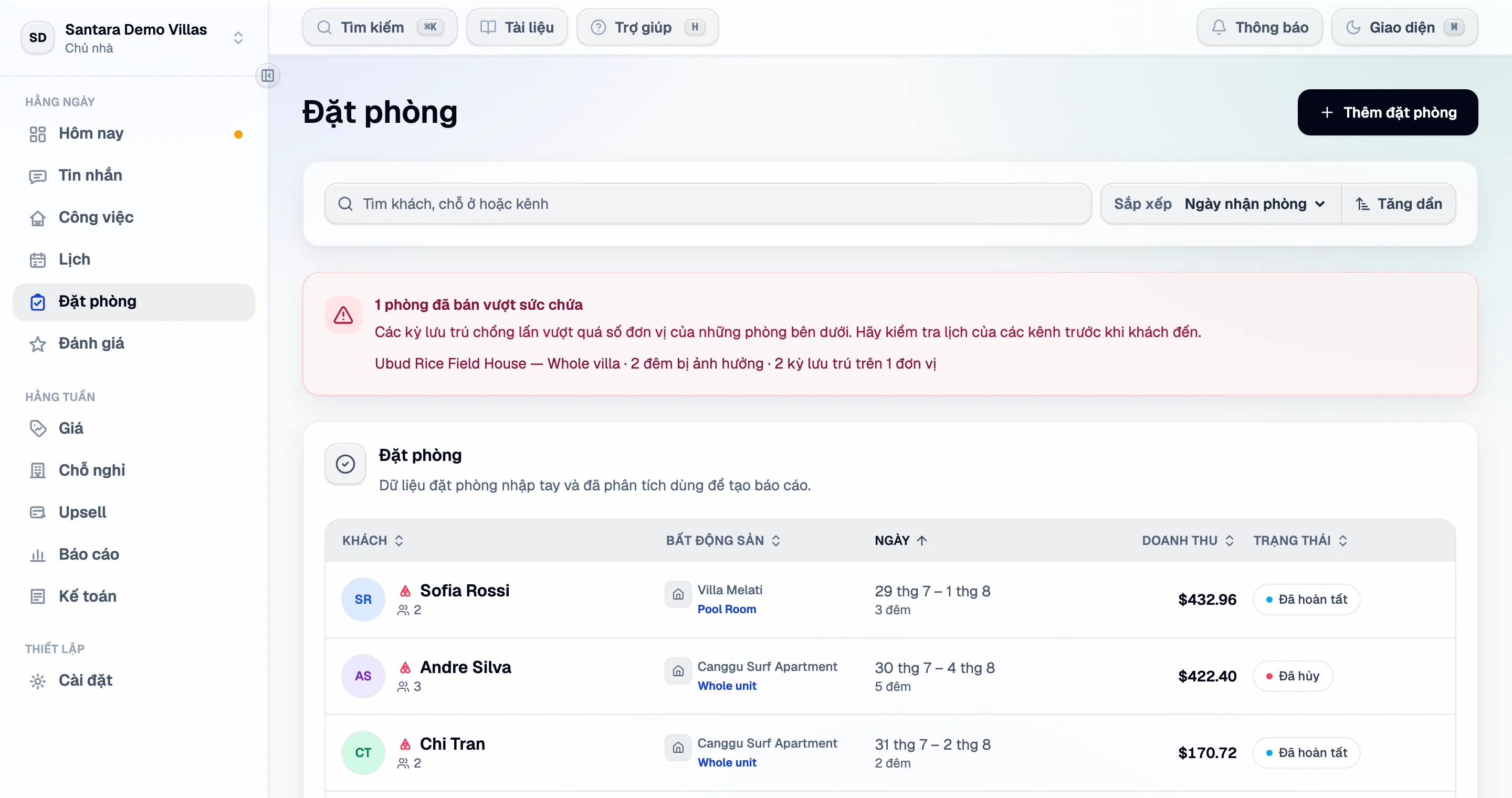 Dòng đặt phòng — mọi lượt lưu trú từ mọi kênh, mới nhất trước.