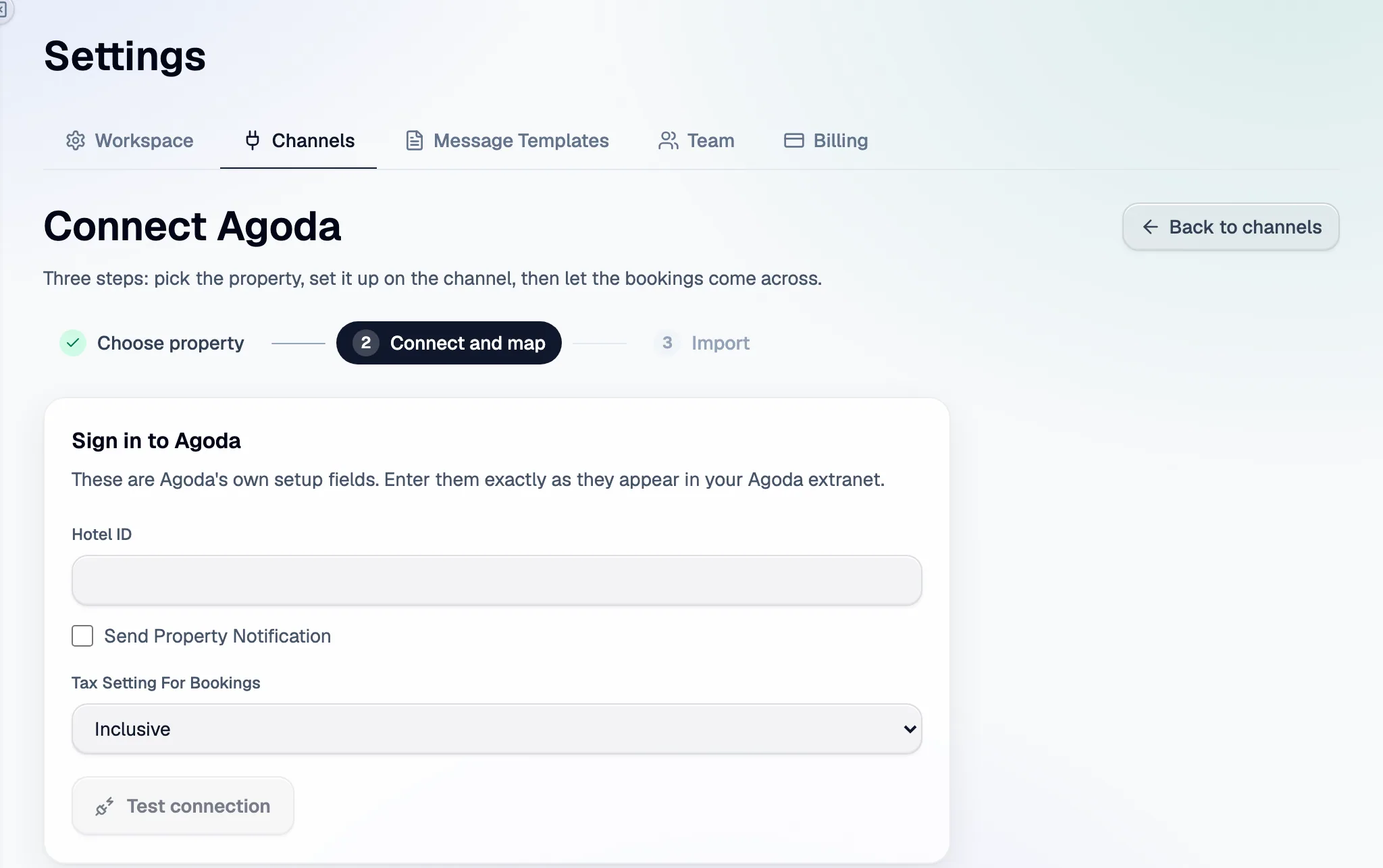 Step 2 in Santara AI: the Agoda setup fields, then Test connection.