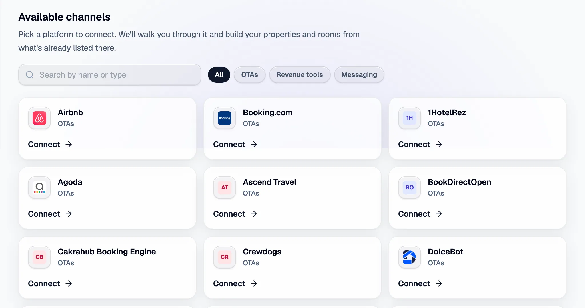 Settings → Channels → Add a channel: every channel you can connect.
