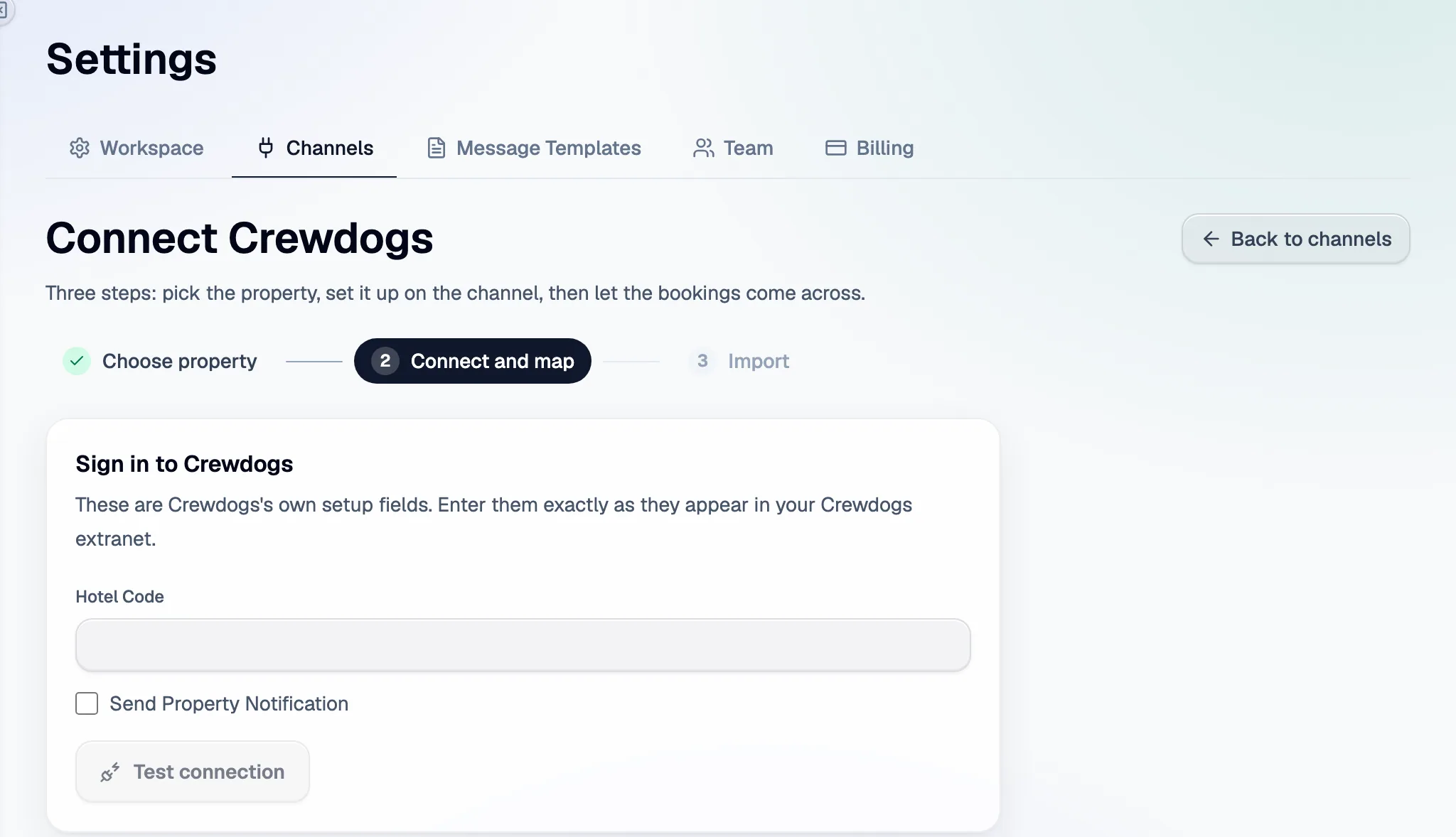 Step 2 in Santara AI: the Crewdogs setup fields, then Test connection.