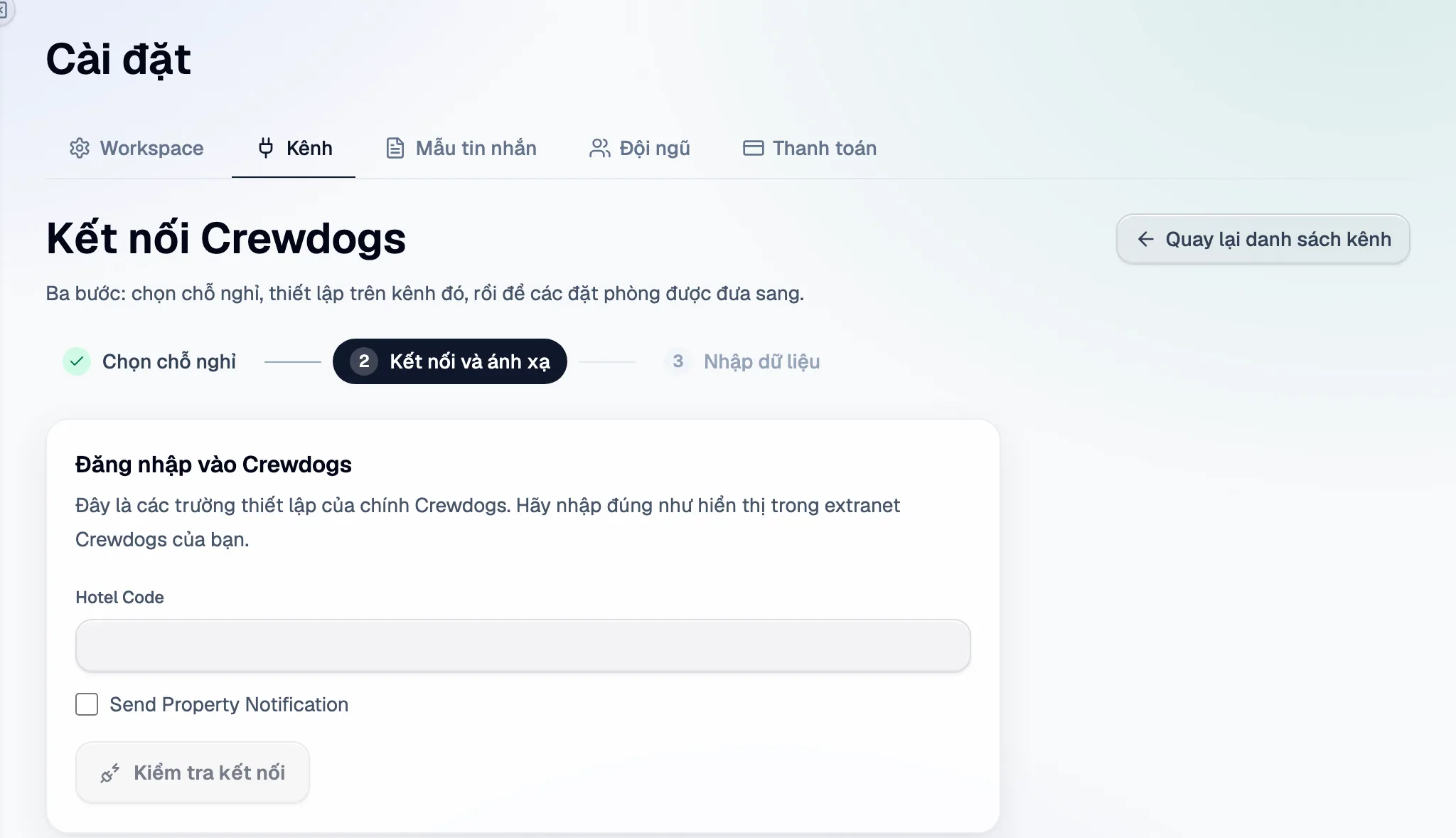 Bước 2 trong Santara AI: các trường thiết lập của Crewdogs, rồi Kiểm tra kết nối.