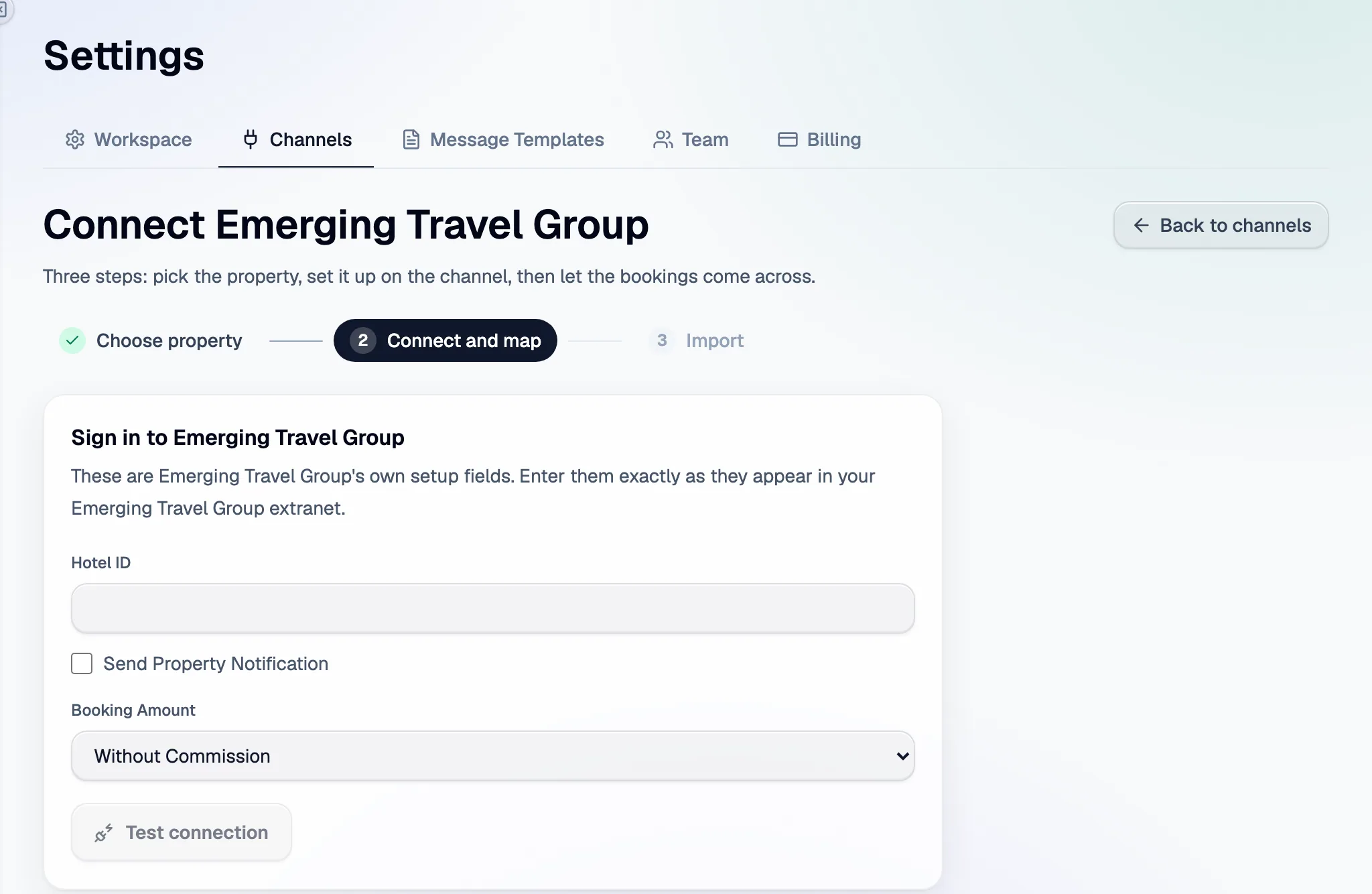 Step 2 in Santara AI: the Emerging Travel Group setup fields, then Test connection.