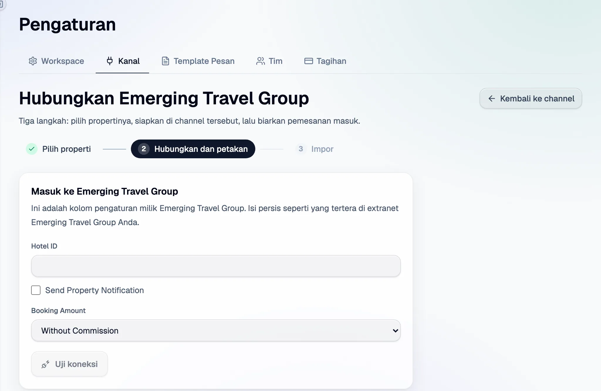 Langkah 2 di Santara AI: kolom penyiapan Emerging Travel Group, lalu Uji koneksi.