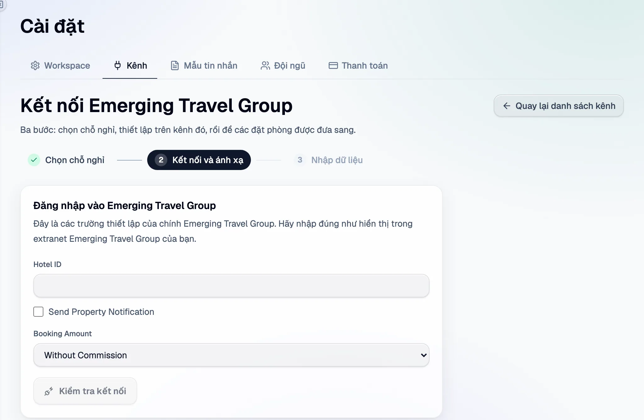 Bước 2 trong Santara AI: các trường thiết lập của Emerging Travel Group, rồi Kiểm tra kết nối.