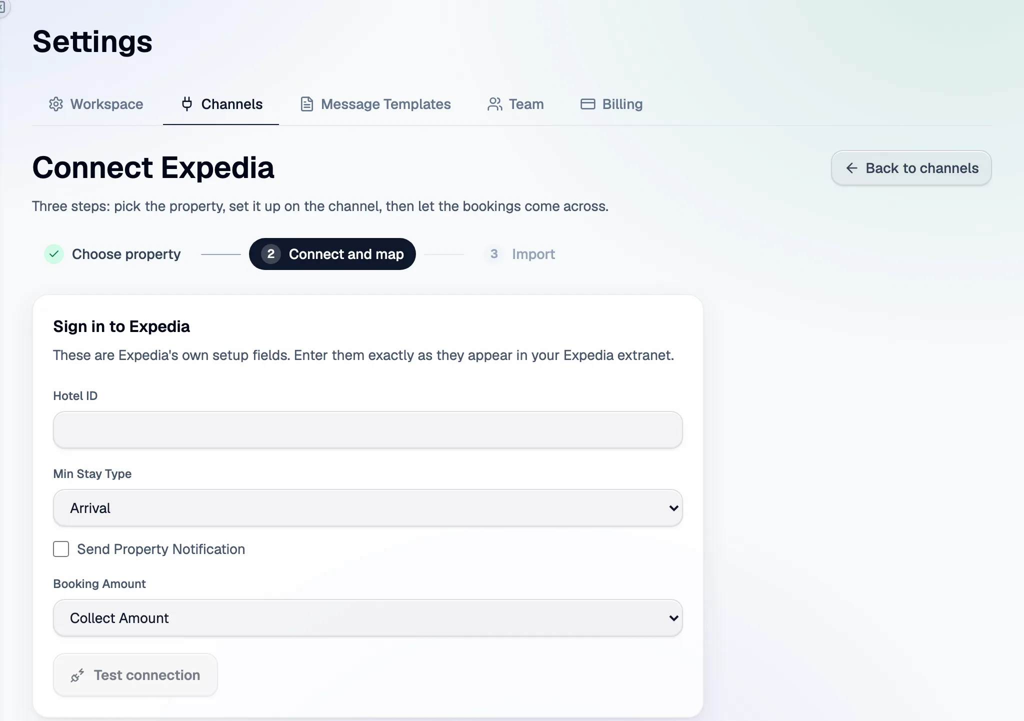 Step 2 in Santara AI: the Expedia setup fields, then Test connection.