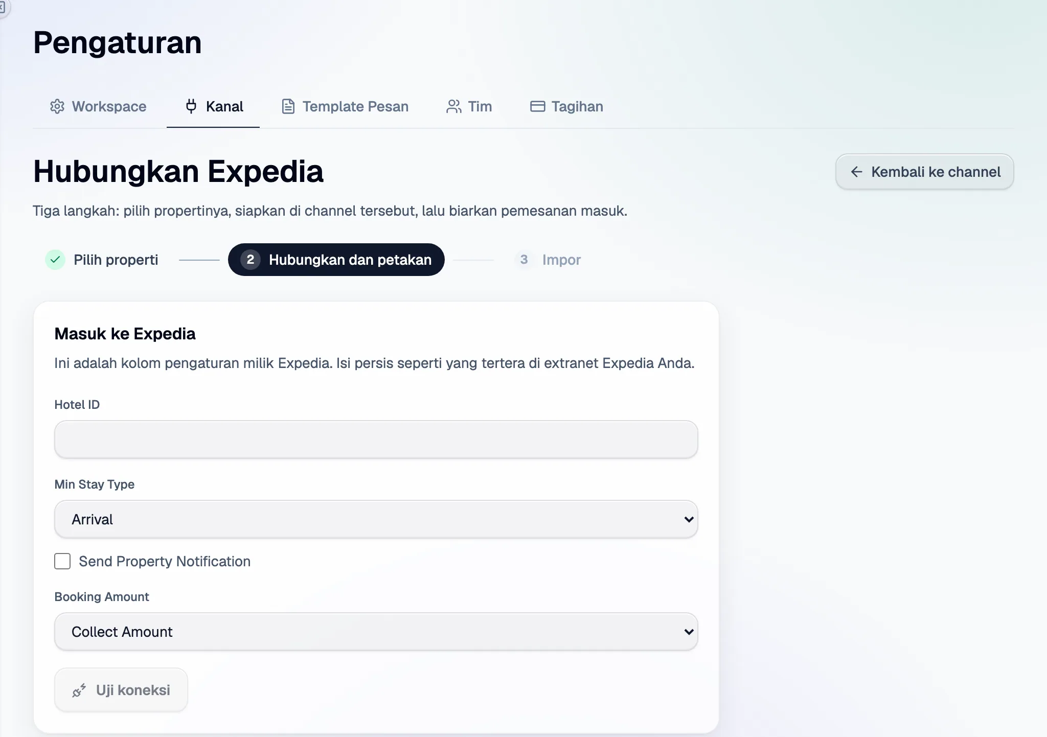 Langkah 2 di Santara AI: kolom penyiapan Expedia, lalu Uji koneksi.