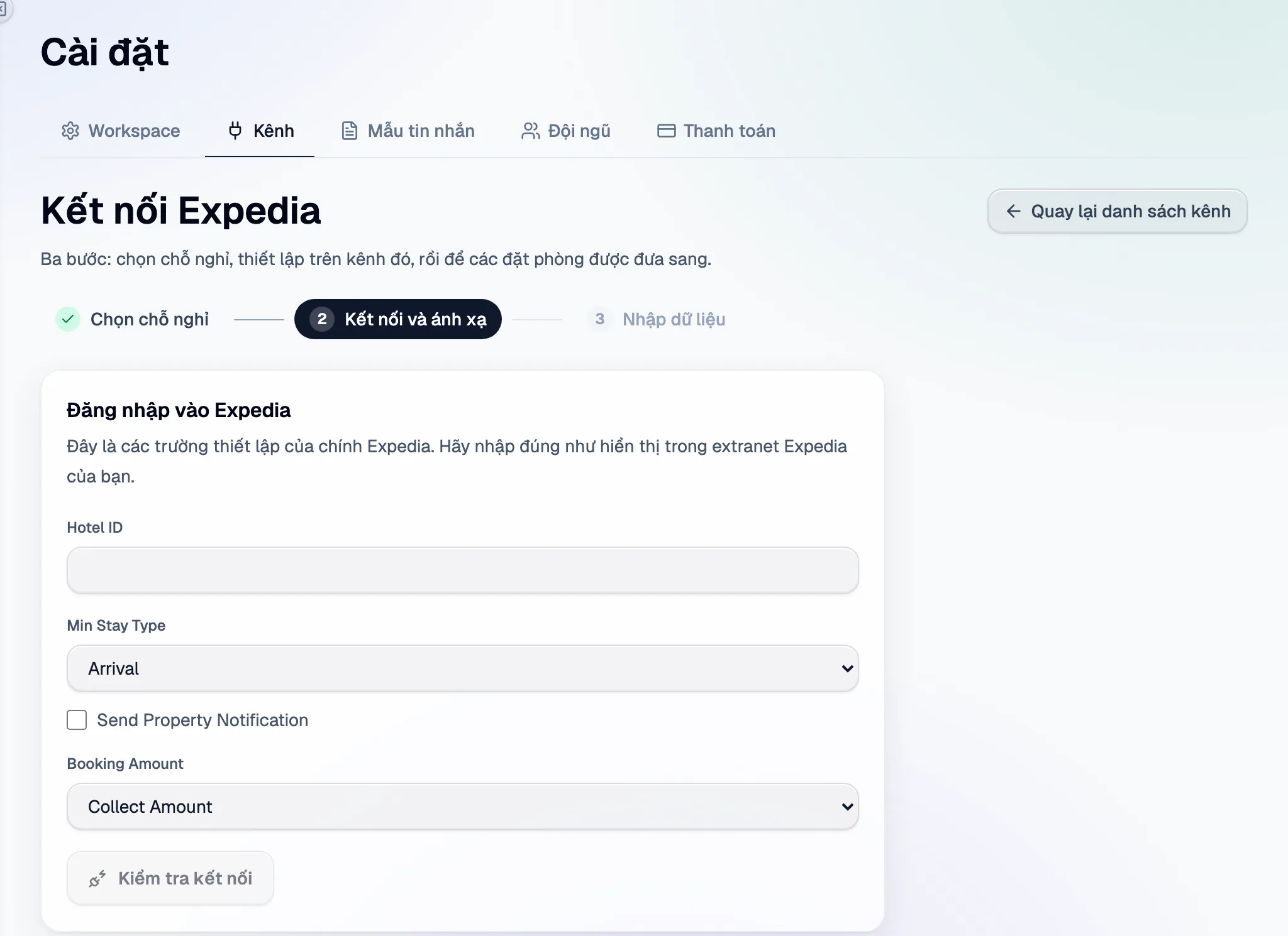 Bước 2 trong Santara AI: các trường thiết lập của Expedia, rồi Kiểm tra kết nối.