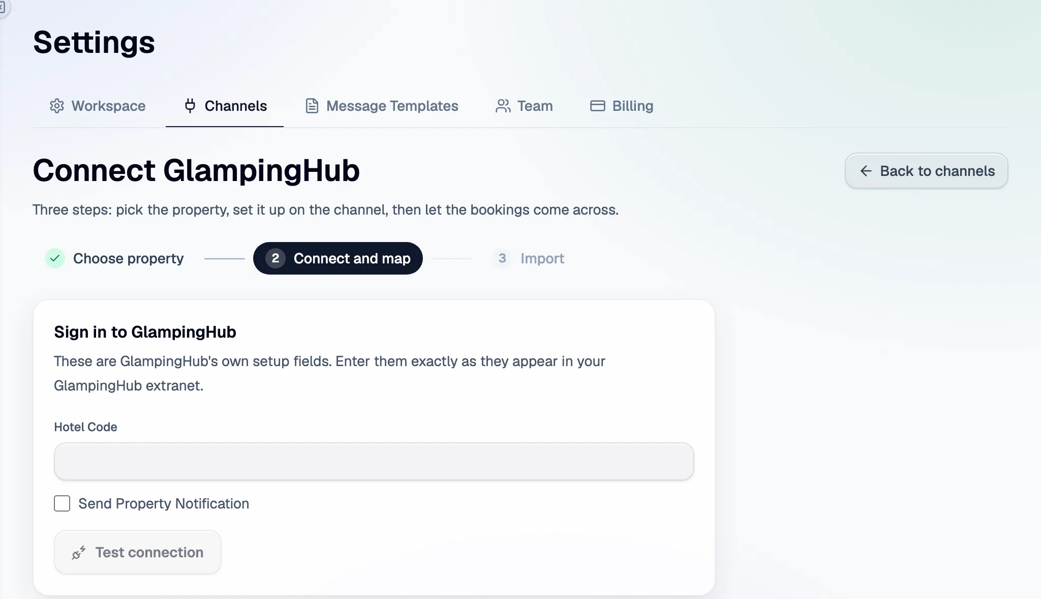 Step 2 in Santara AI: the Glamping Hub setup fields, then Test connection.