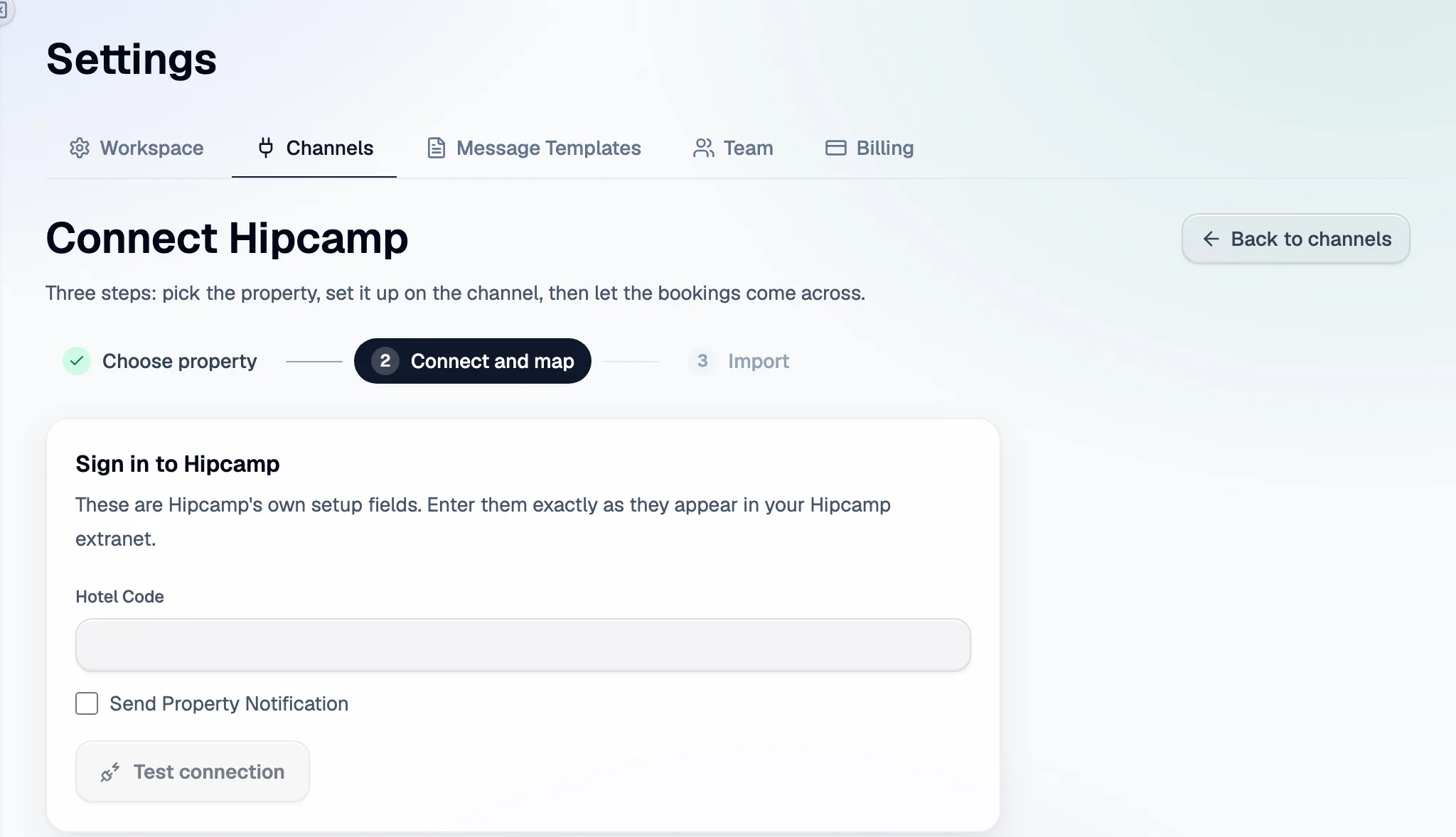 Step 2 in Santara AI: the Hipcamp setup fields, then Test connection.