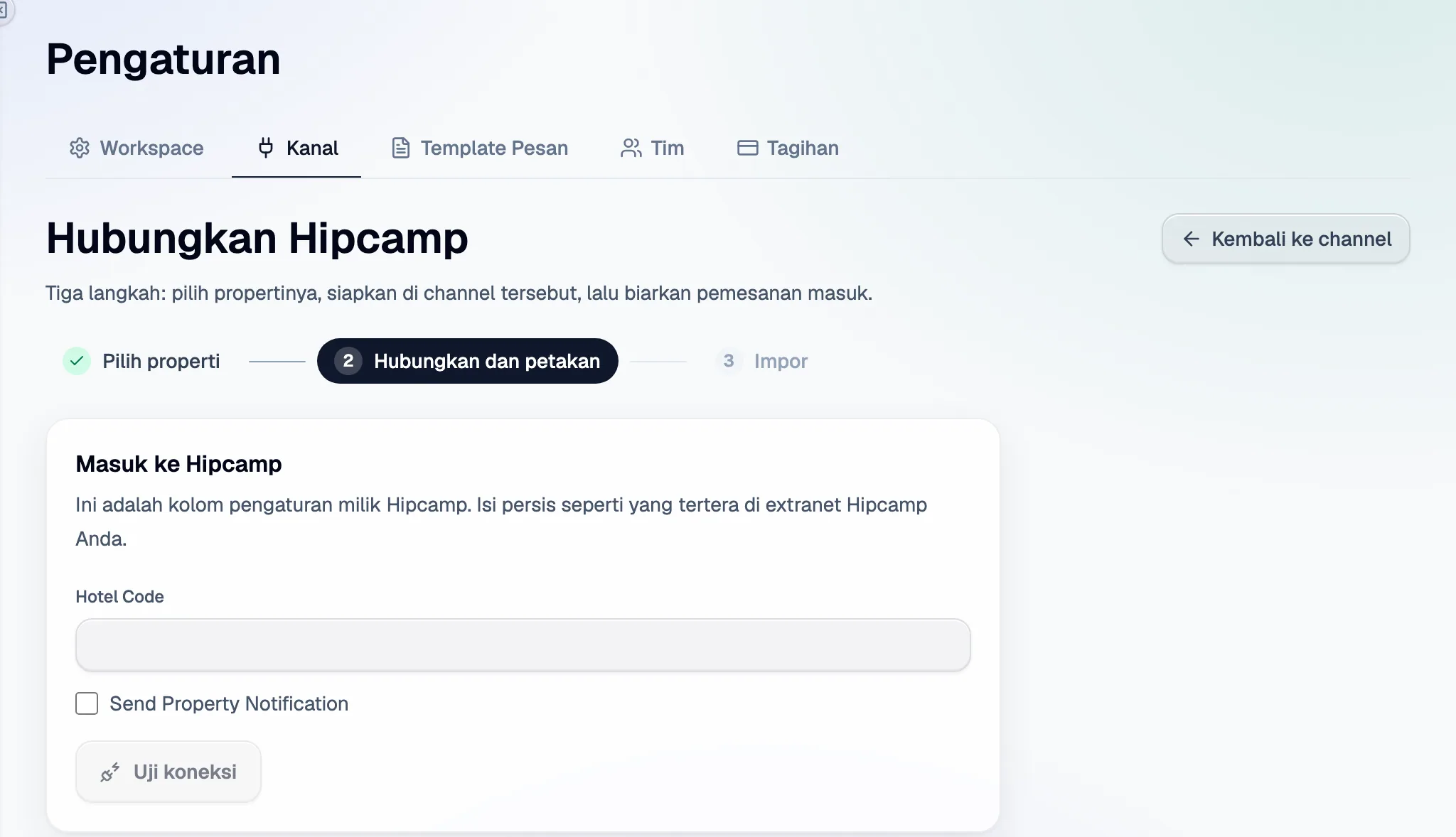 Langkah 2 di Santara AI: kolom penyiapan Hipcamp, lalu Uji koneksi.