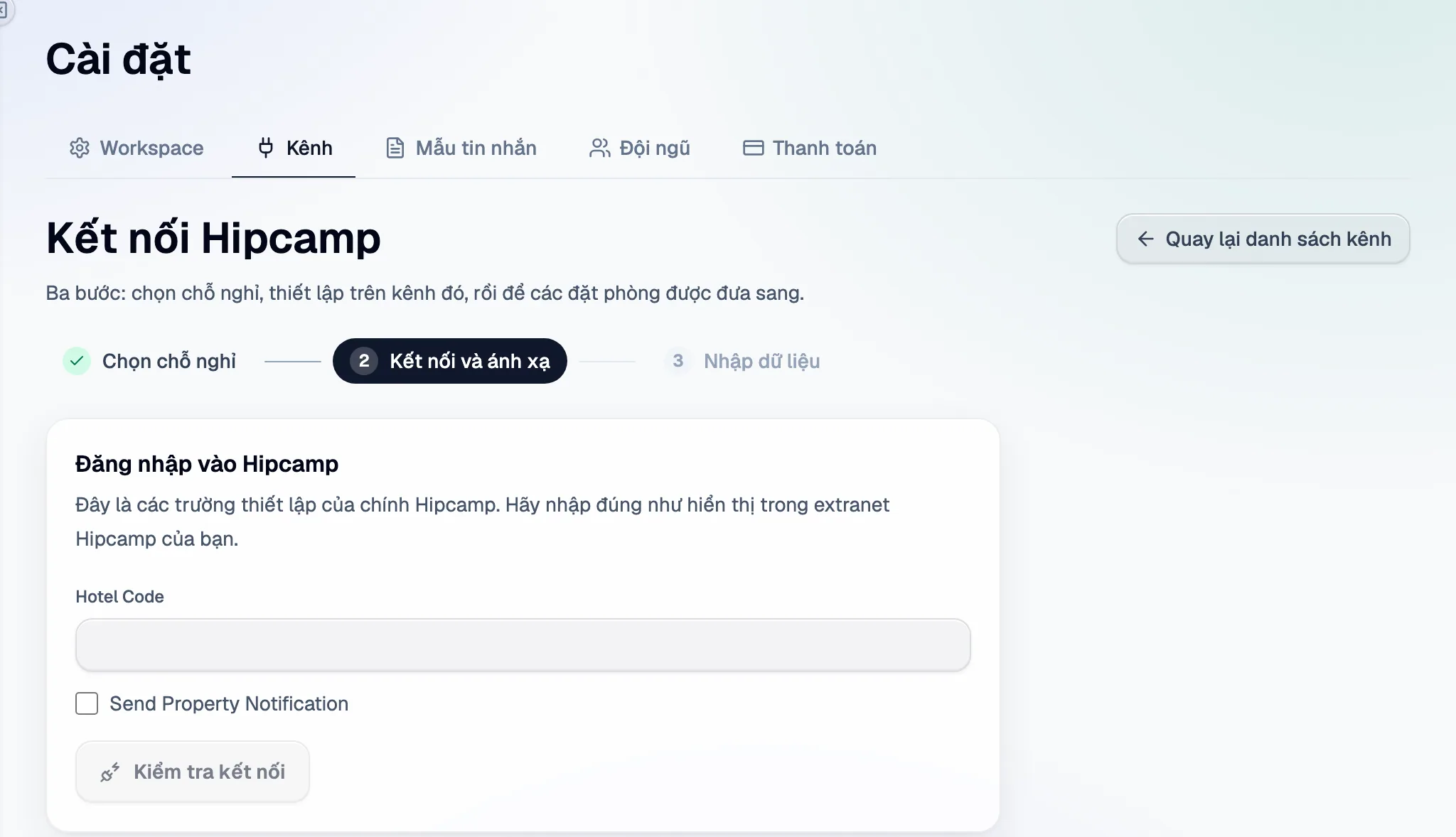 Bước 2 trong Santara AI: các trường thiết lập của Hipcamp, rồi Kiểm tra kết nối.