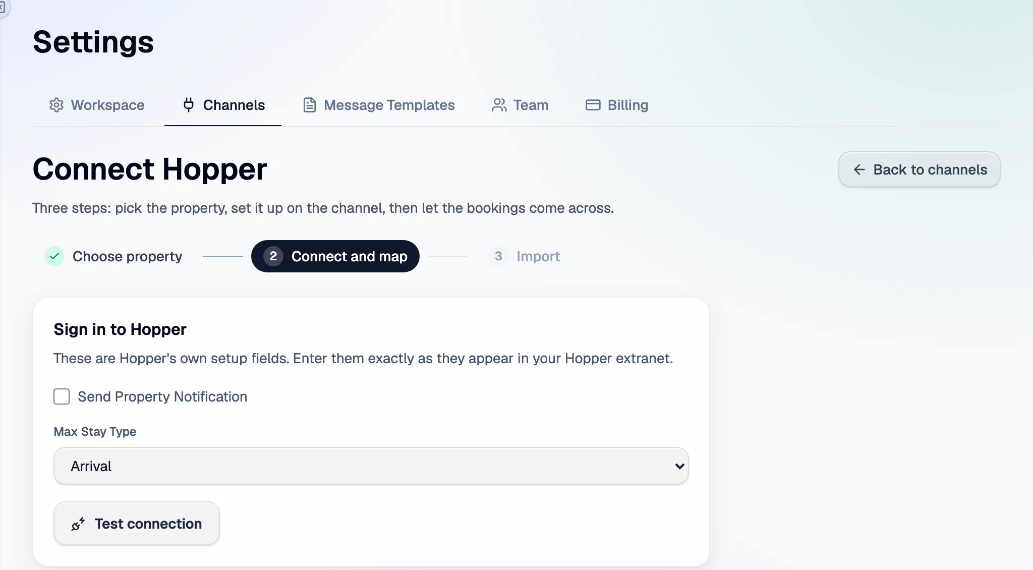 Step 2 in Santara AI: the Hopper setup fields, then Test connection.