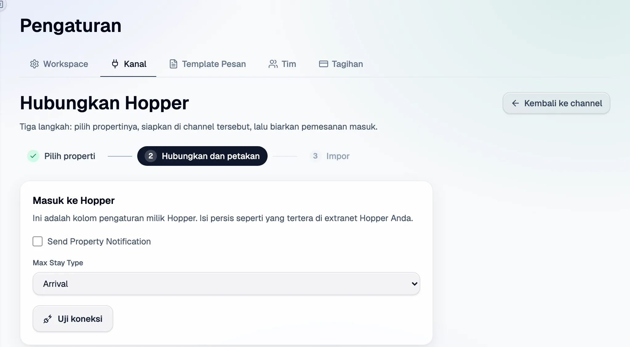 Langkah 2 di Santara AI: kolom penyiapan Hopper, lalu Uji koneksi.