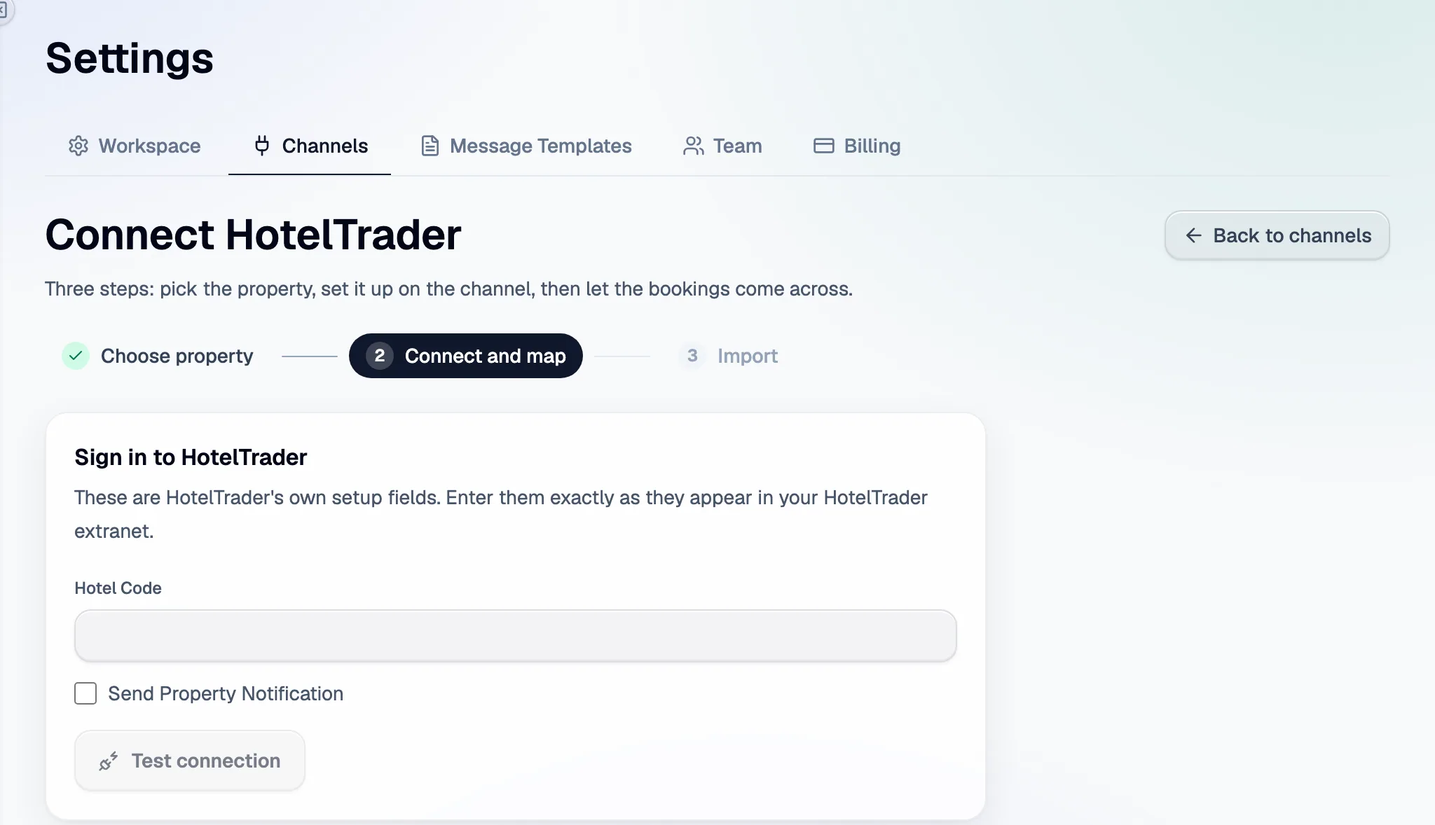 Step 2 in Santara AI: the Hotel Trader setup fields, then Test connection.