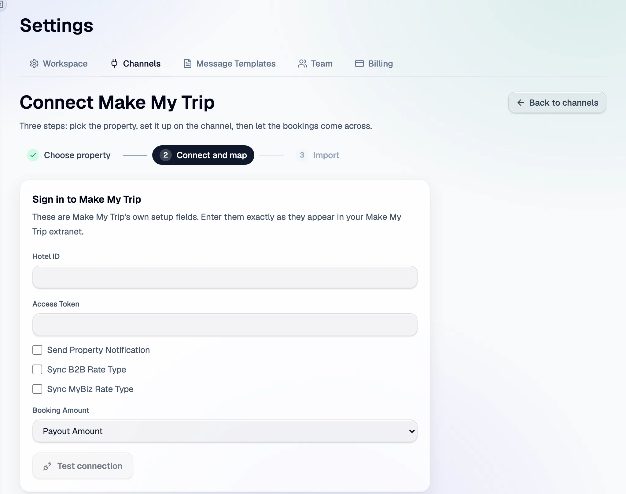 Step 2 in Santara AI: the MakeMyTrip and Goibibo setup fields, then Test connection.