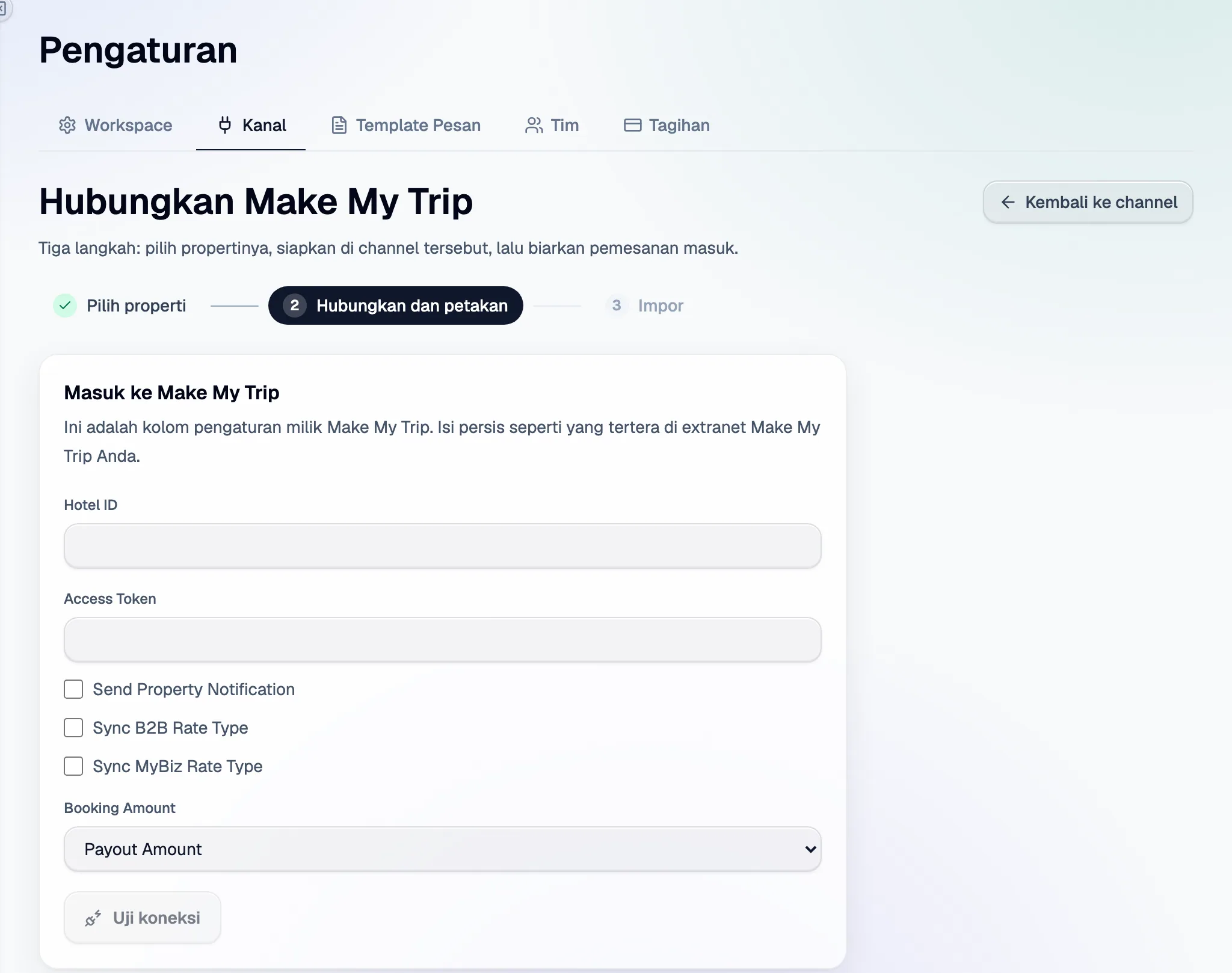 Langkah 2 di Santara AI: kolom penyiapan MakeMyTrip and Goibibo, lalu Uji koneksi.
