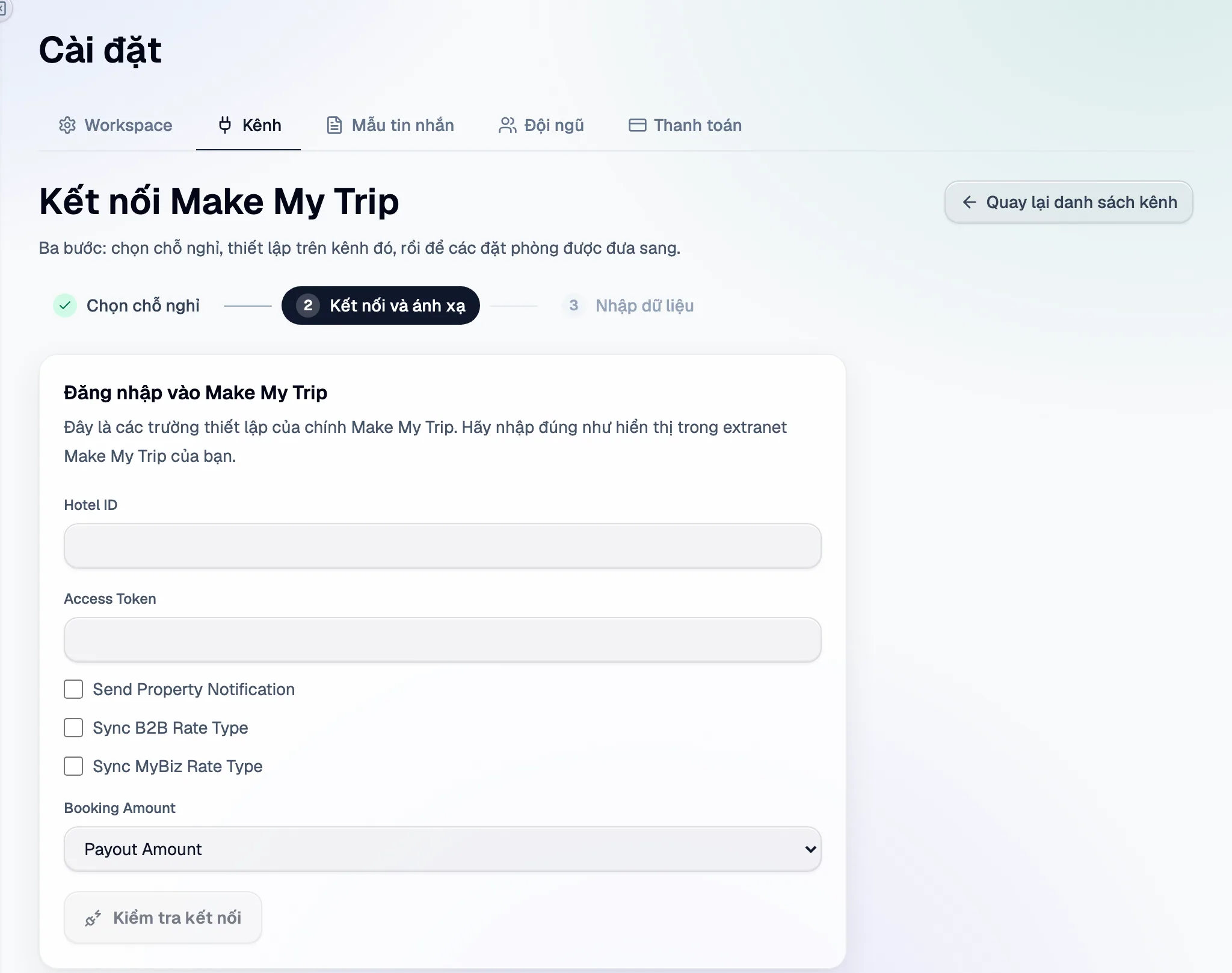 Bước 2 trong Santara AI: các trường thiết lập của MakeMyTrip and Goibibo, rồi Kiểm tra kết nối.