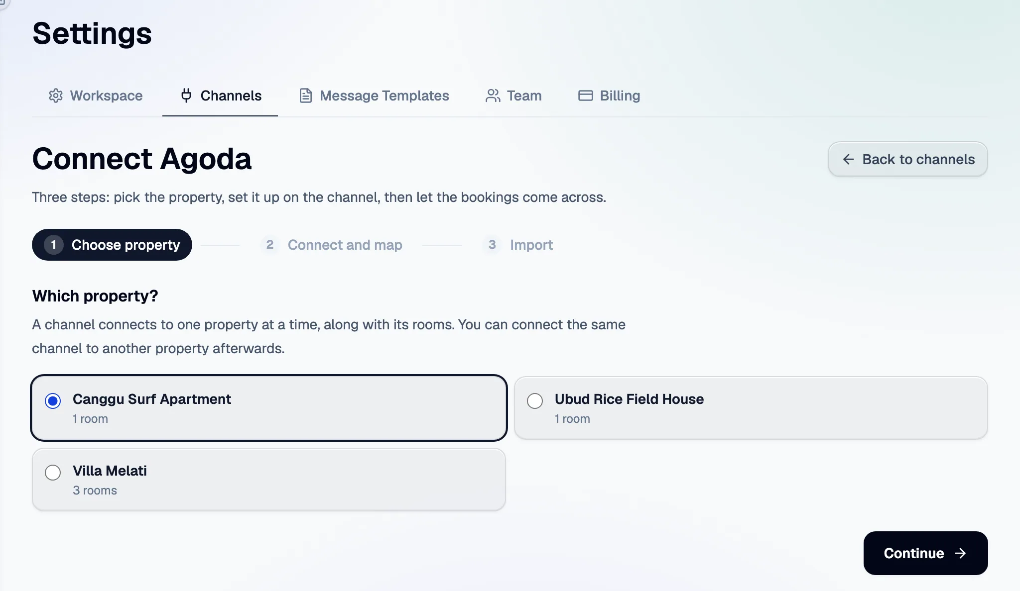 Step 1: choose the property. A channel connects to one property at a time, with its rooms.
