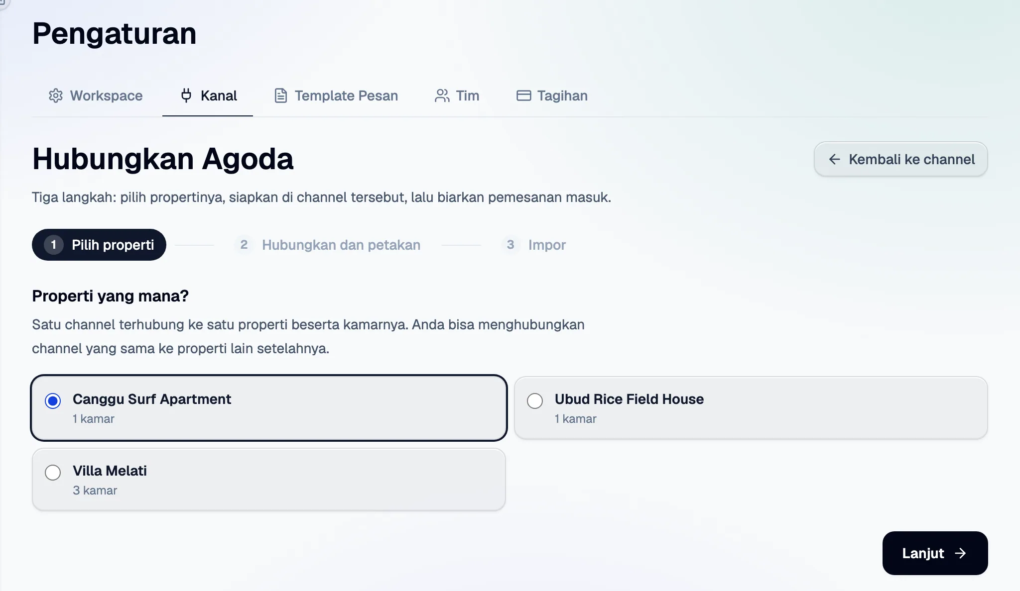 Langkah 1: pilih properti. Satu channel terhubung ke satu properti sekaligus, beserta kamarnya.