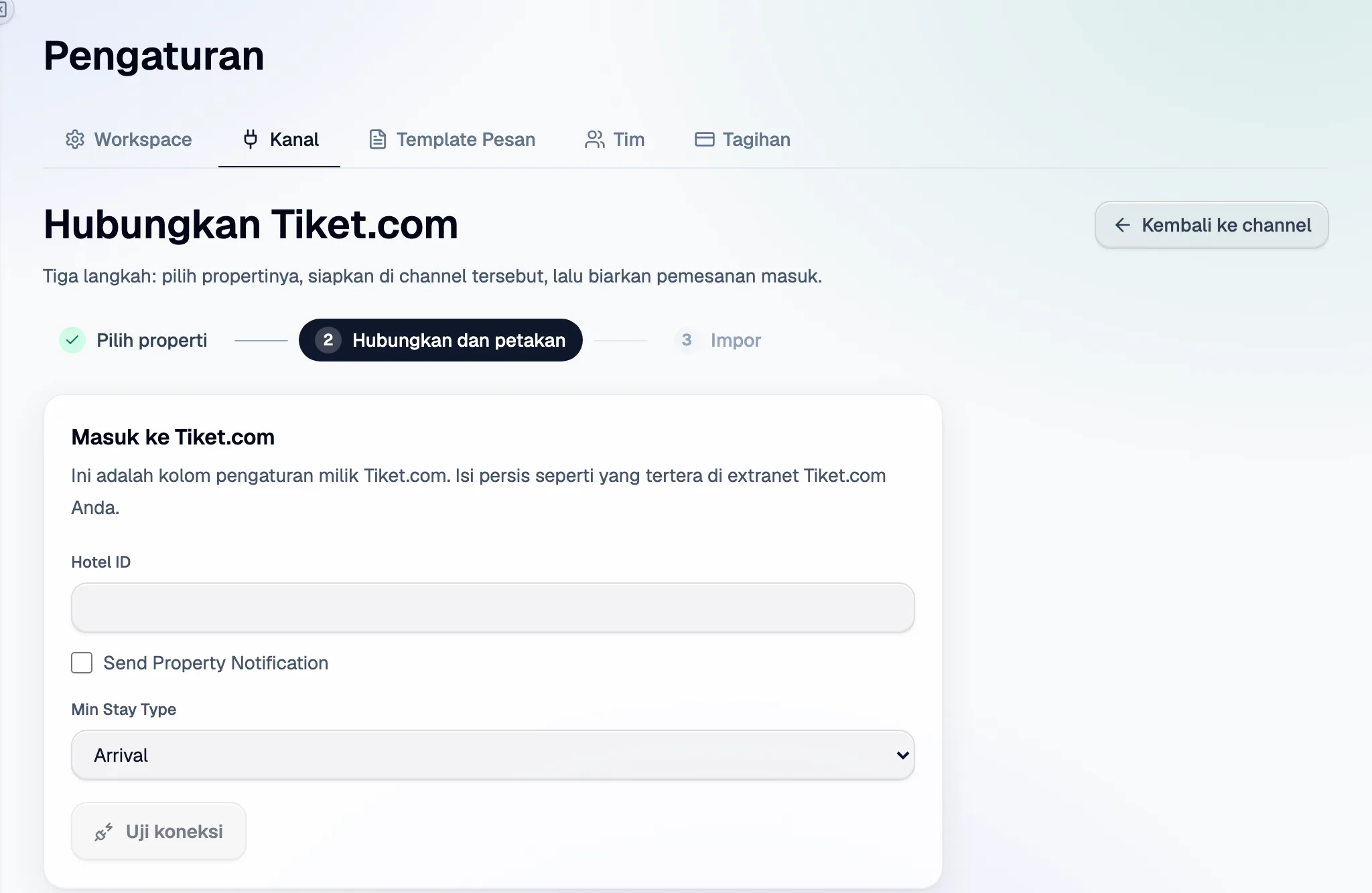 Langkah 2 di Santara AI: kolom penyiapan Tiket.com, lalu Uji koneksi.