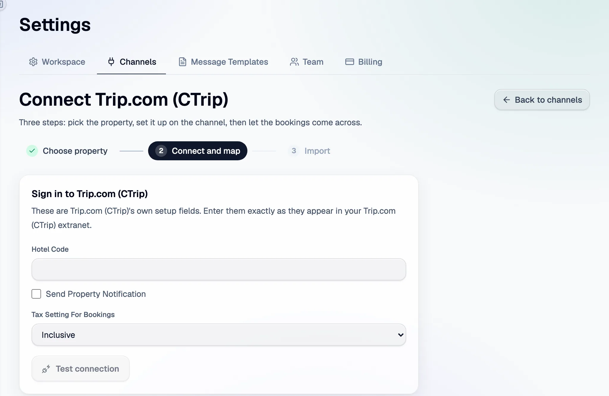 Step 2 in Santara AI: the Trip.com (Ctrip) setup fields, then Test connection.