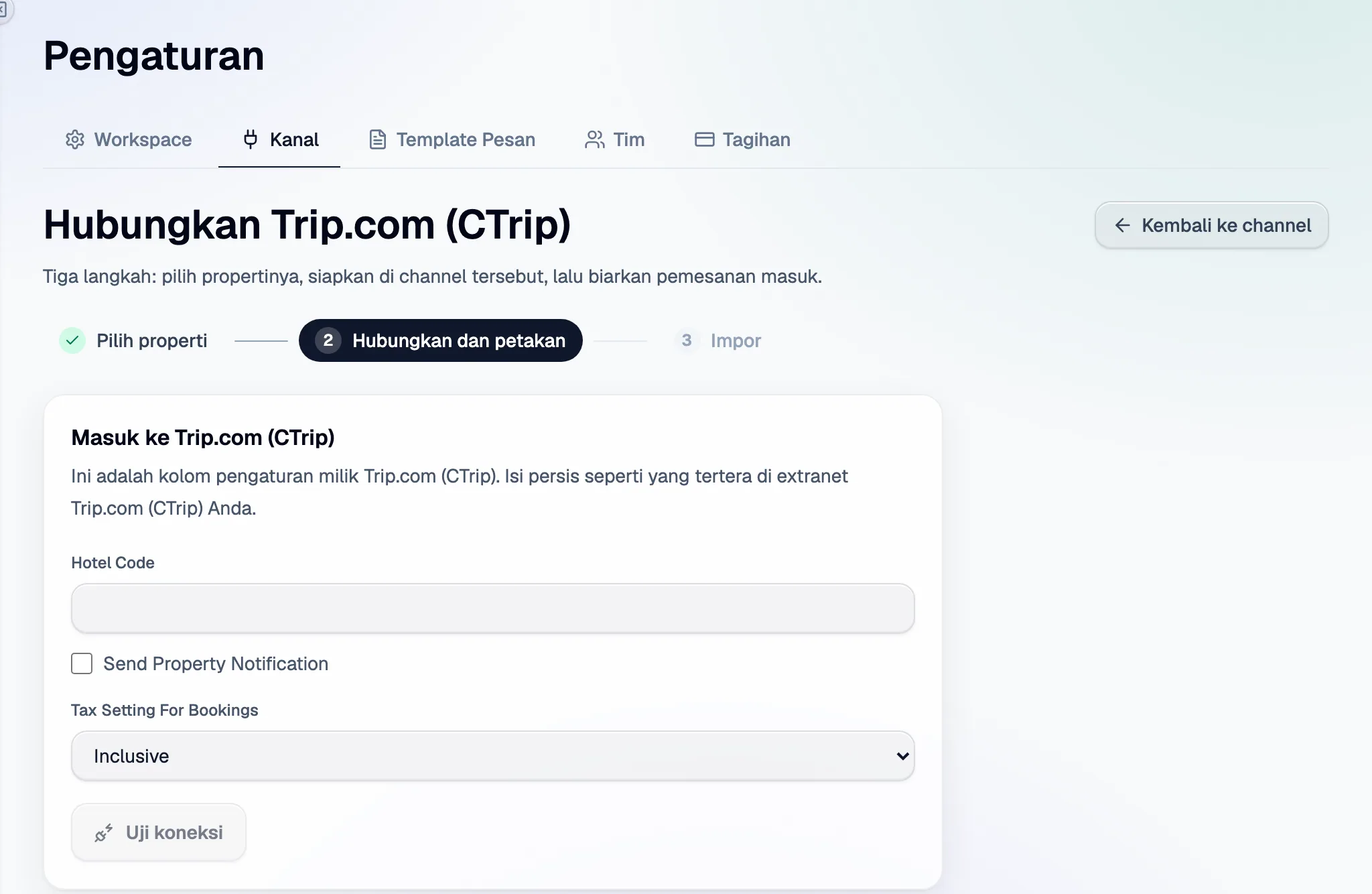Langkah 2 di Santara AI: kolom penyiapan Trip.com (Ctrip), lalu Uji koneksi.