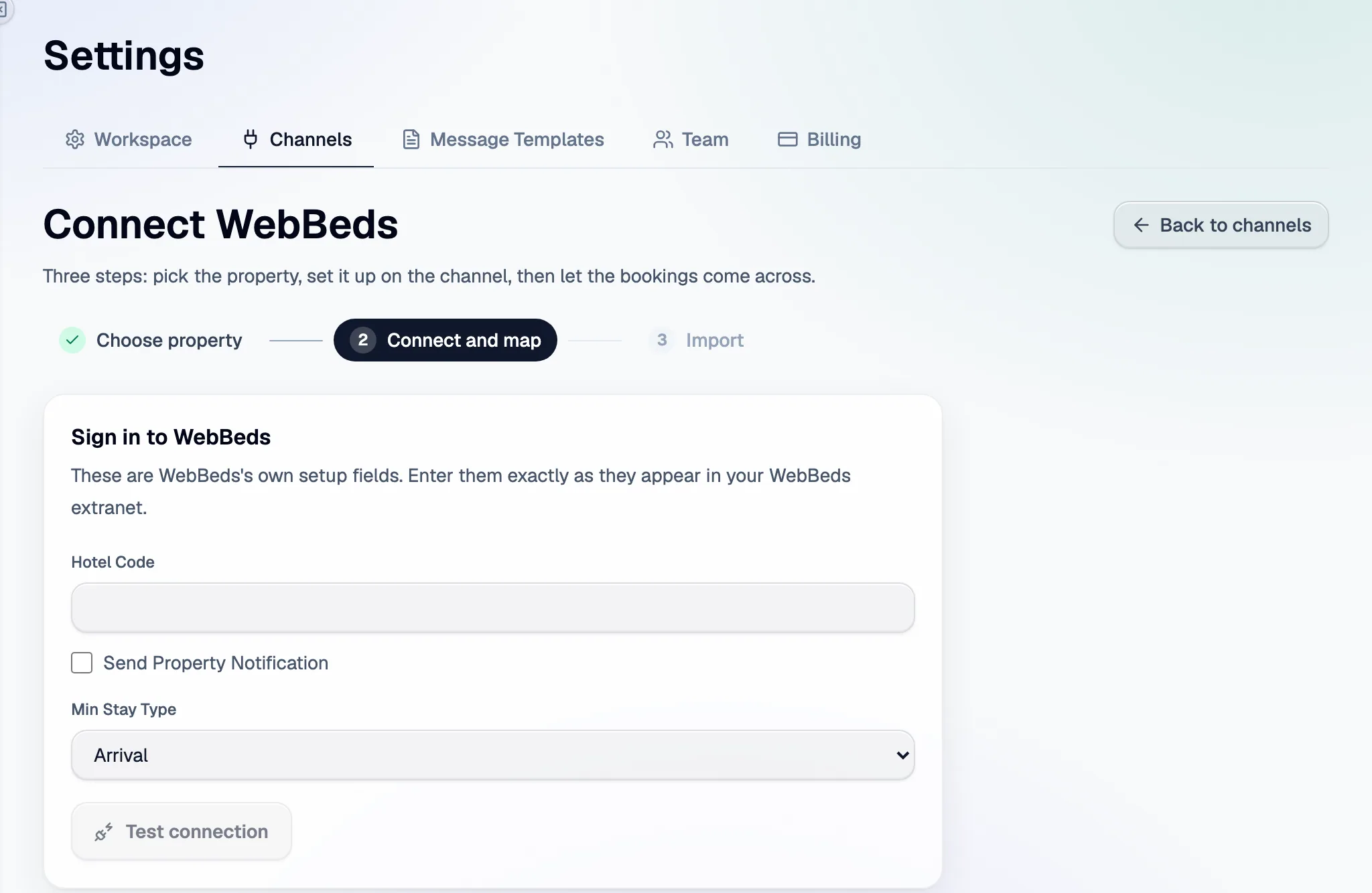 Step 2 in Santara AI: the WebBeds setup fields, then Test connection.