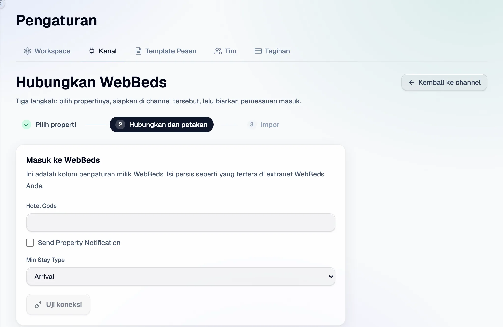 Langkah 2 di Santara AI: kolom penyiapan WebBeds, lalu Uji koneksi.