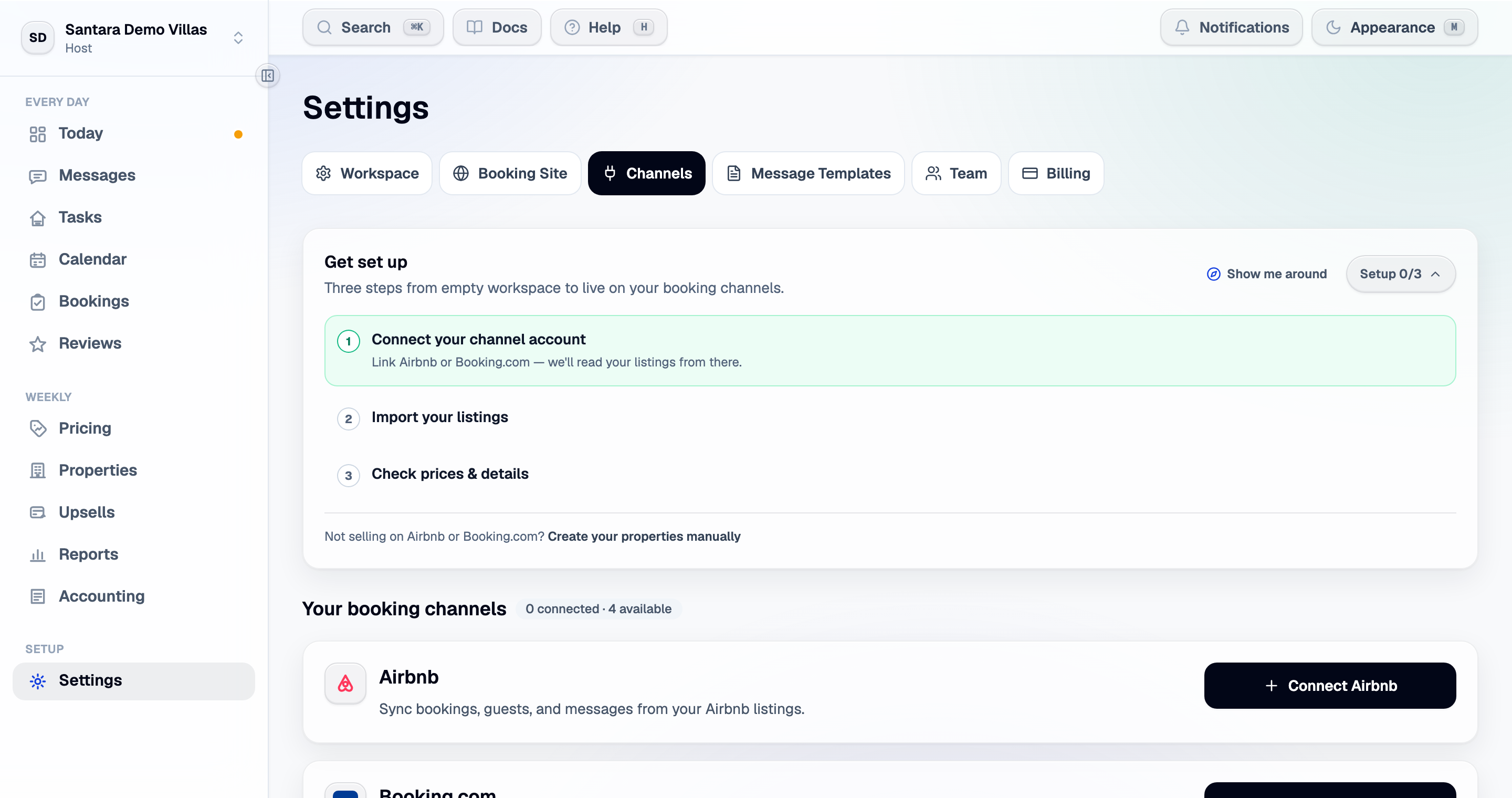 Settings → Channels before anything is connected. Each channel is linked on its own and carries its own status and last-sync time.