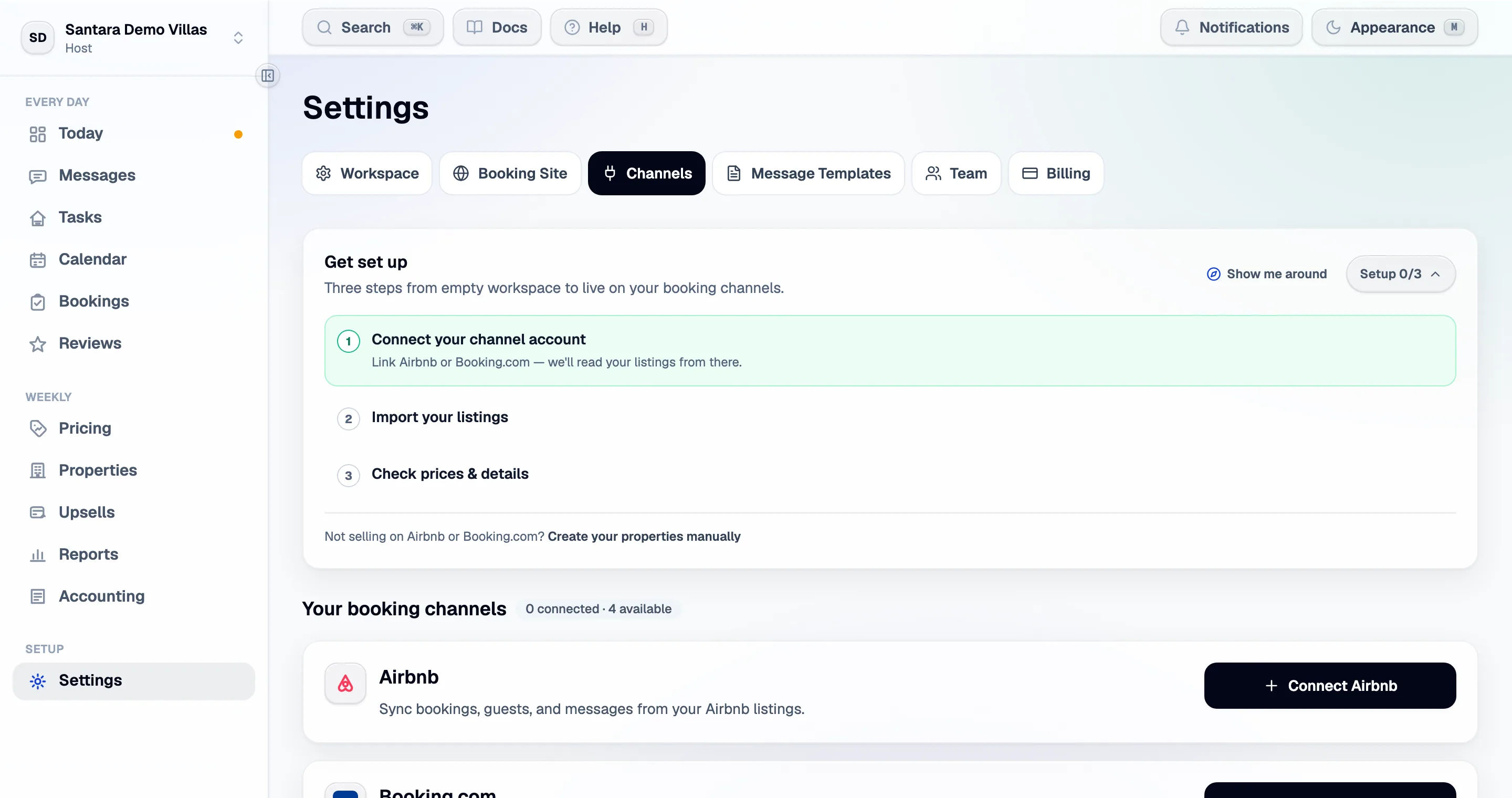 Settings → Channels before anything is connected. Each channel is linked on its own and carries its own status and last-sync time.